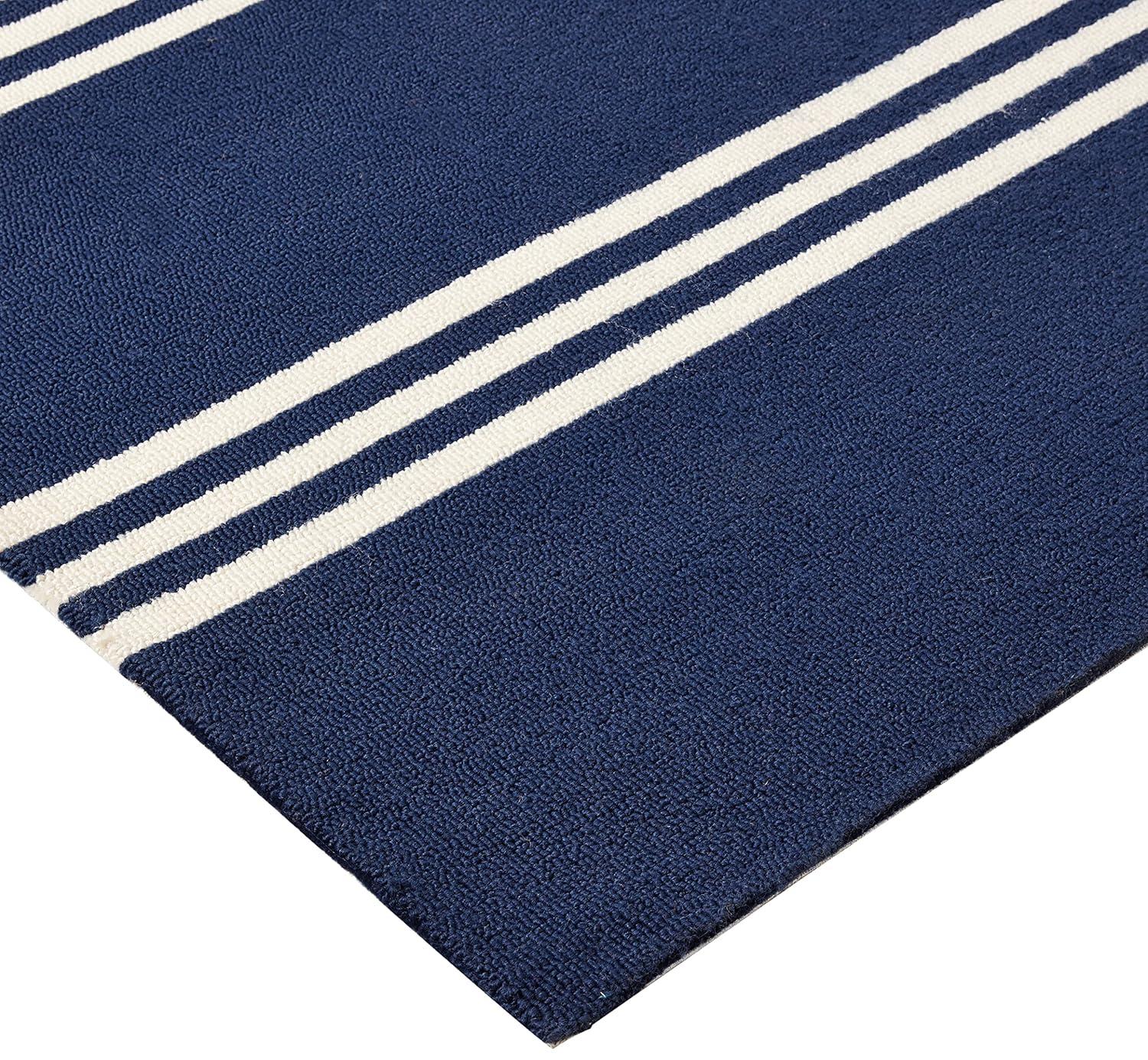 Momeni  Veranda Hand Hooked Contemporary Striped Indoor Outdoor Rug Maritime Blue 5' x 8' Latex Free Polypropylene Stripe, Solid 0.25 - 0.5 inch