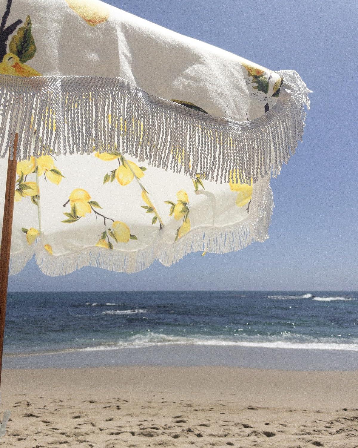 Vintage Lemons Beach Umbrella with White Fringe and Reclaimed Timber Pole