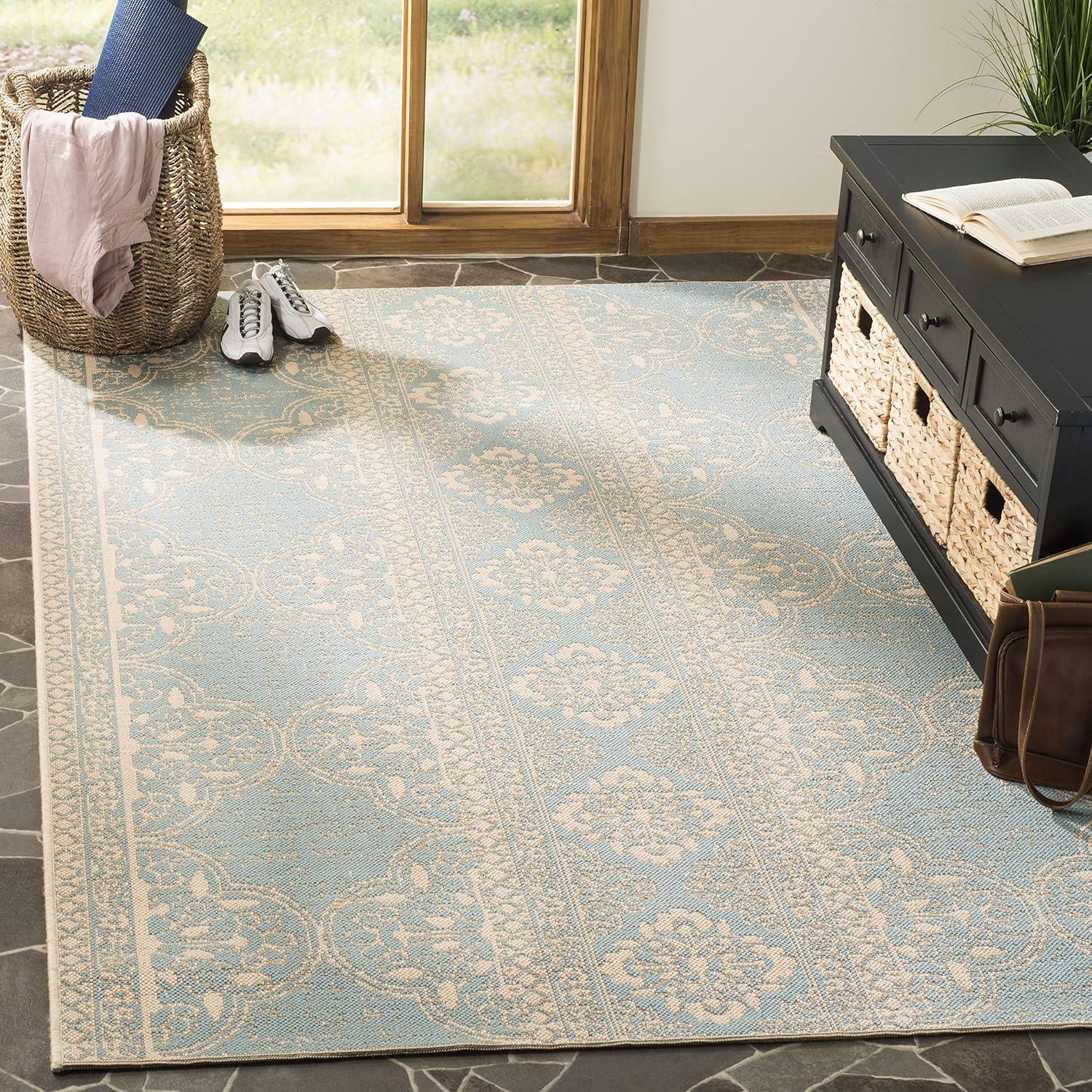 Easy-Care Cream/Aqua Synthetic 8' x 10' Reversible Area Rug