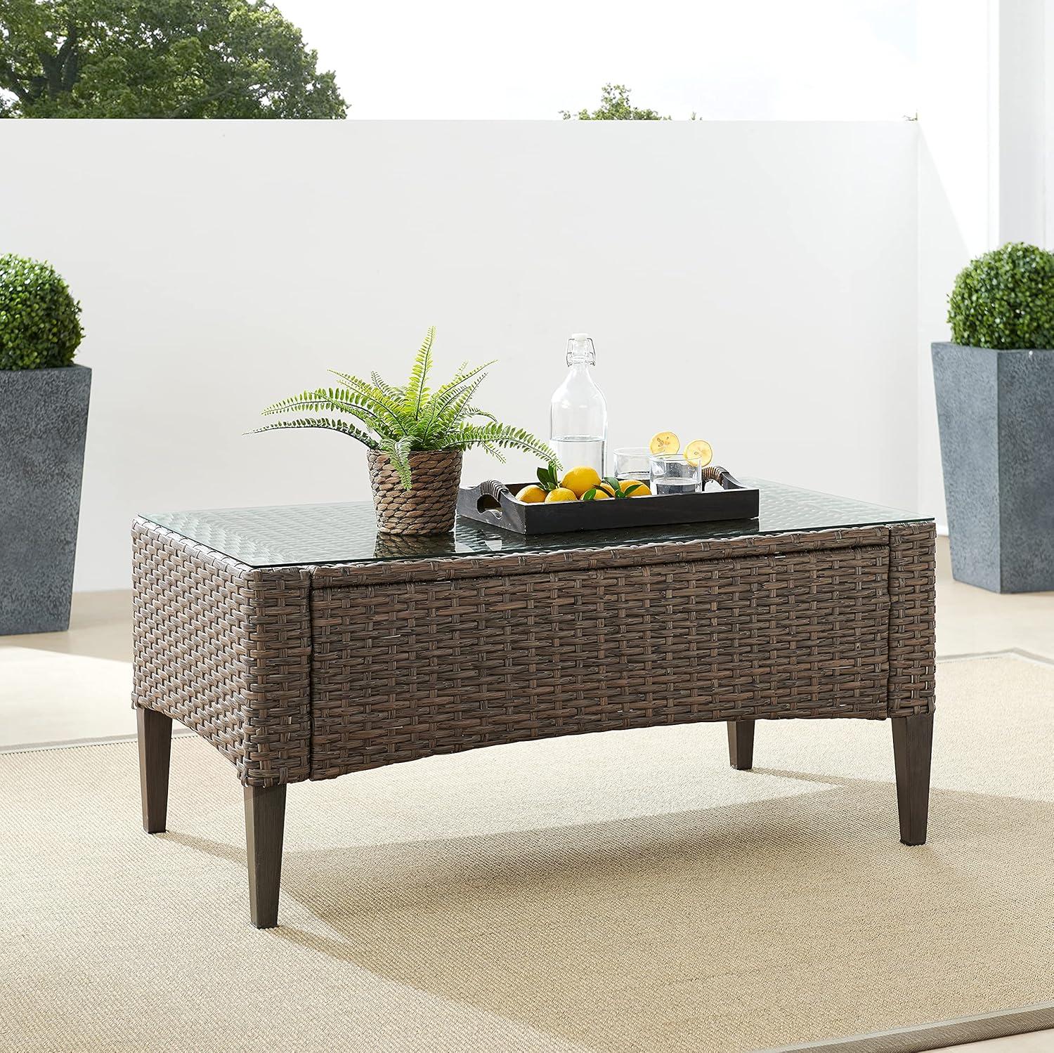 Rockport Light Brown Outdoor Wicker Coffee Table with Tempered Glass