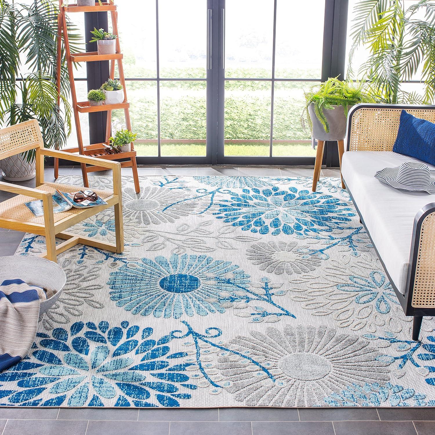 Grey and Blue Floral Synthetic 59" Square Easy-Care Rug