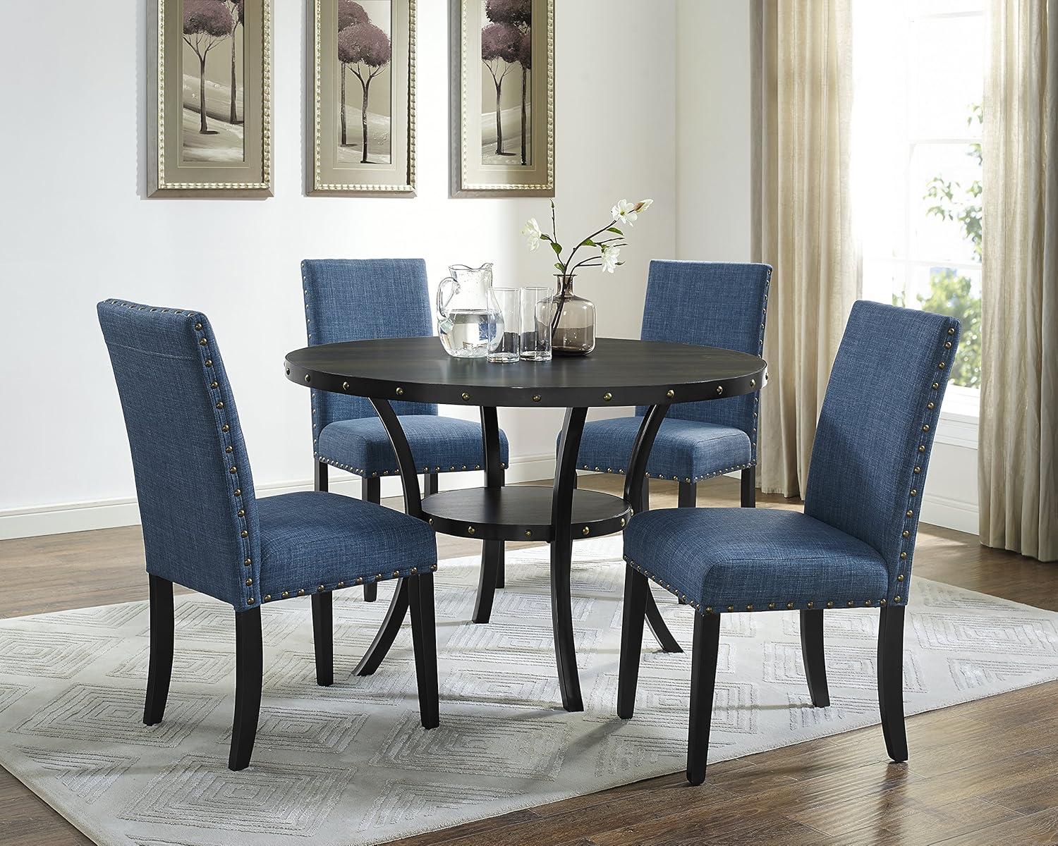 Blue Linen Upholstered Dining Side Chair with Espresso Wood Legs, Set of 2