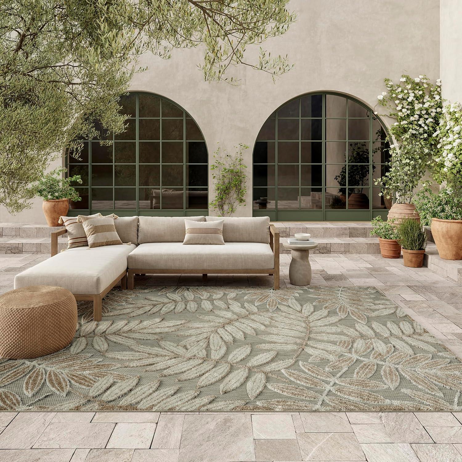Nourison Aloha Floral Leaf Flatweave High-Low Indoor Outdoor Area Rug Natural 7' x 10'