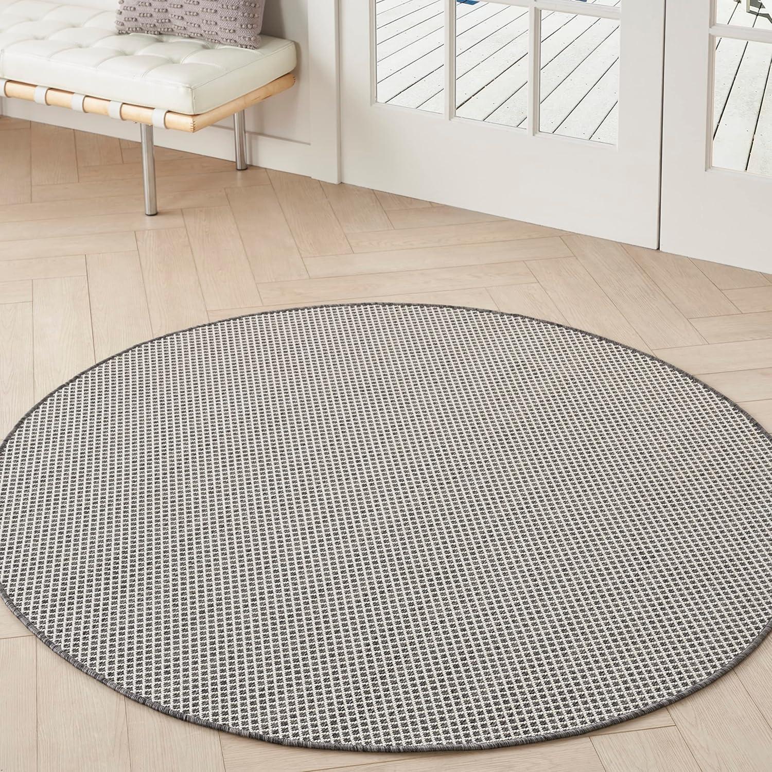 Nourison 4' x 4' Courtyard Modern Easy Care Flatweave Indoor Outdoor Round Rug Ivory/Charcoal