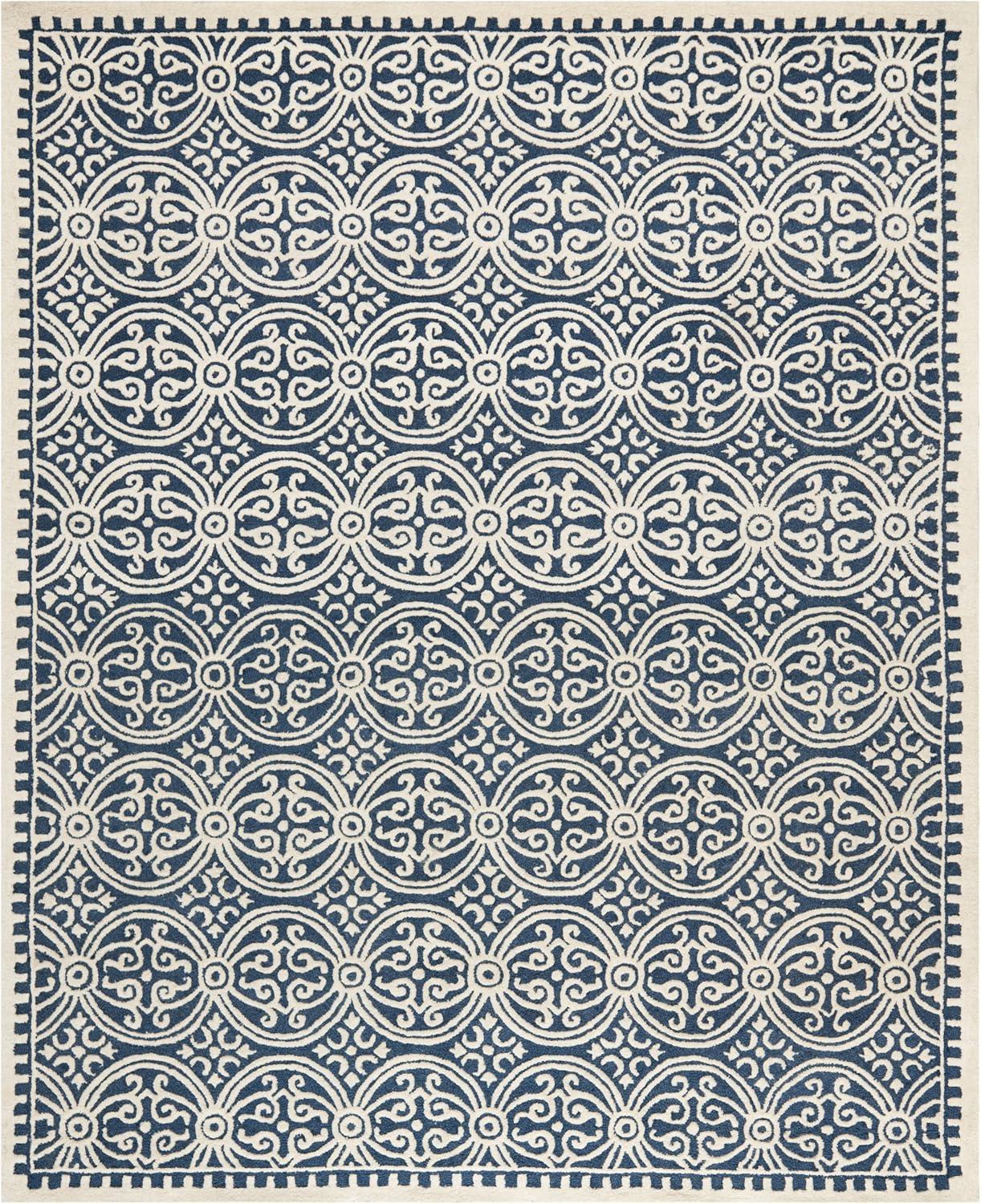 Ivory and Navy Blue Hand-Tufted Wool Rectangular Rug, 12' x 18'