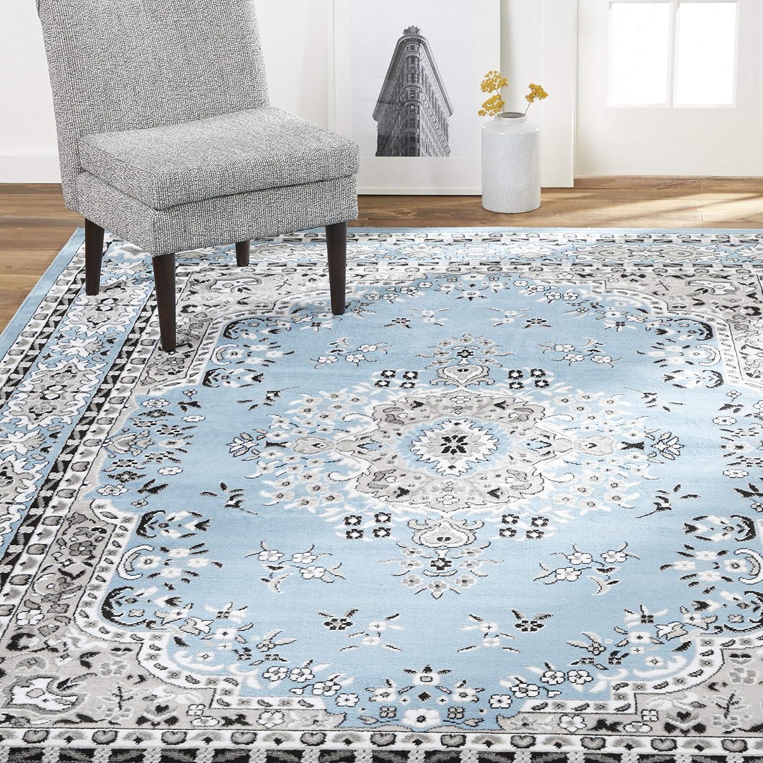 Blue and Grey Synthetic Traditional Medallion Area Rug