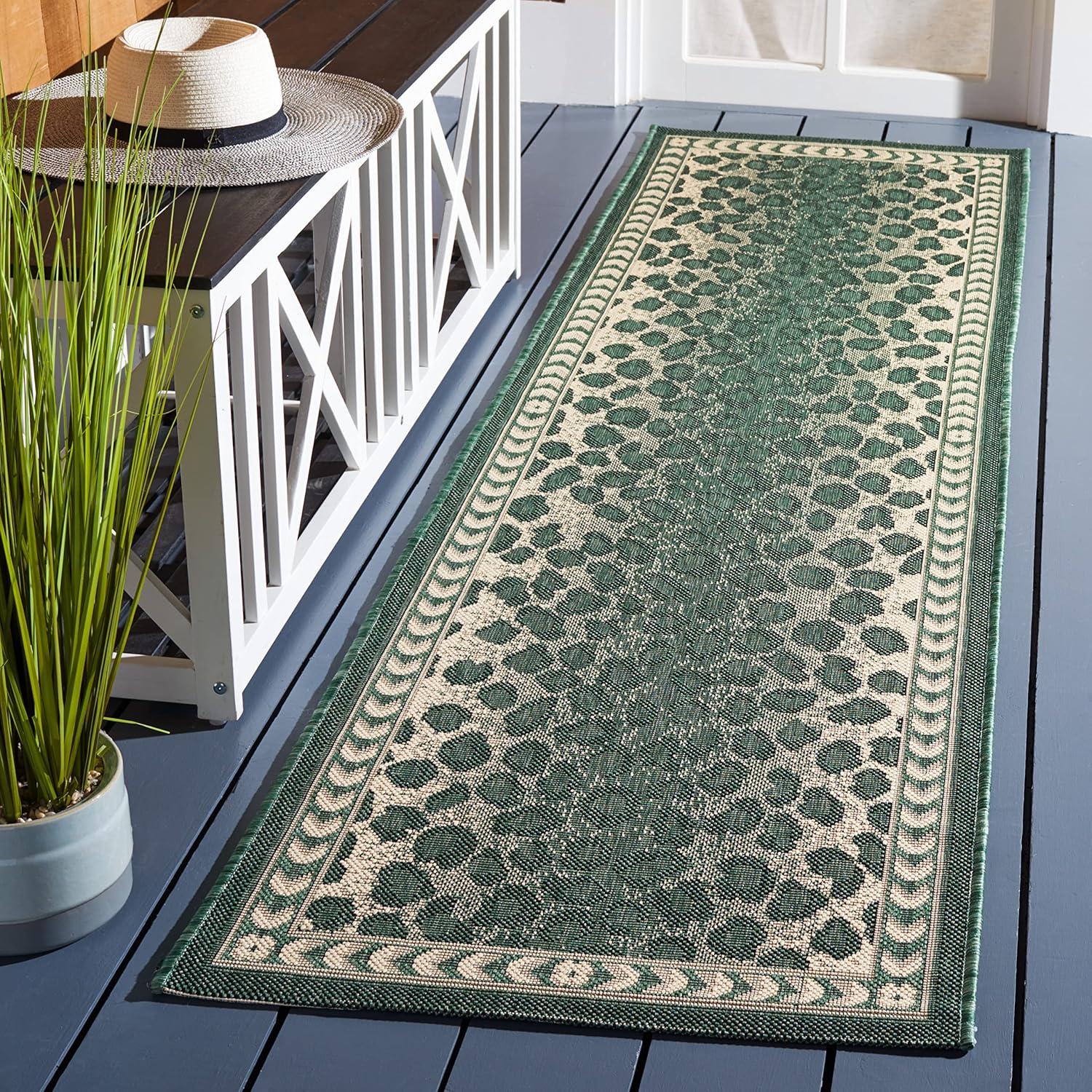 Dark Green and Ivory Leopard Print Runner Rug