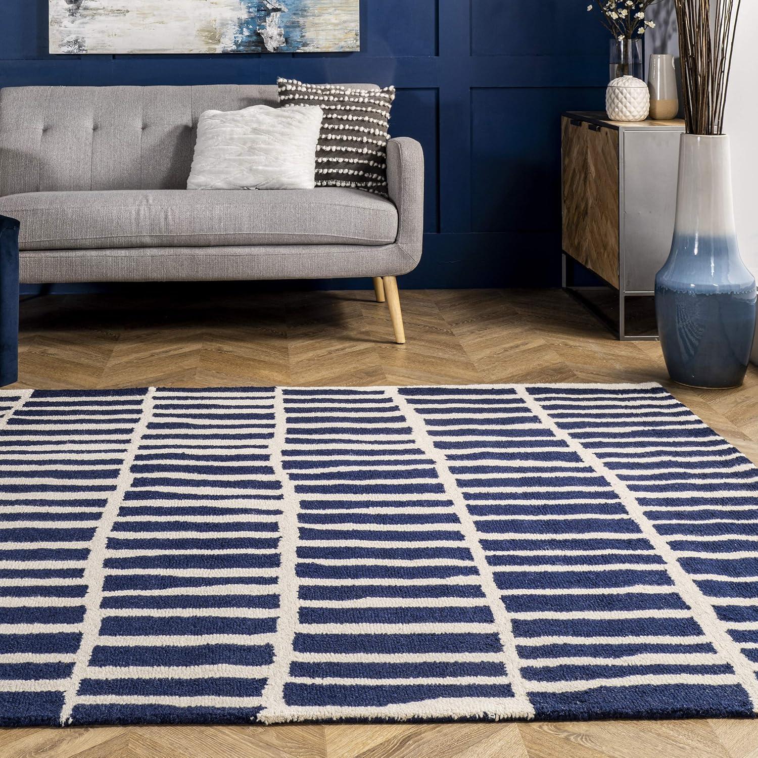 Artisan Navy Geometric Hand-Tufted Wool Area Rug, 6' x 9'