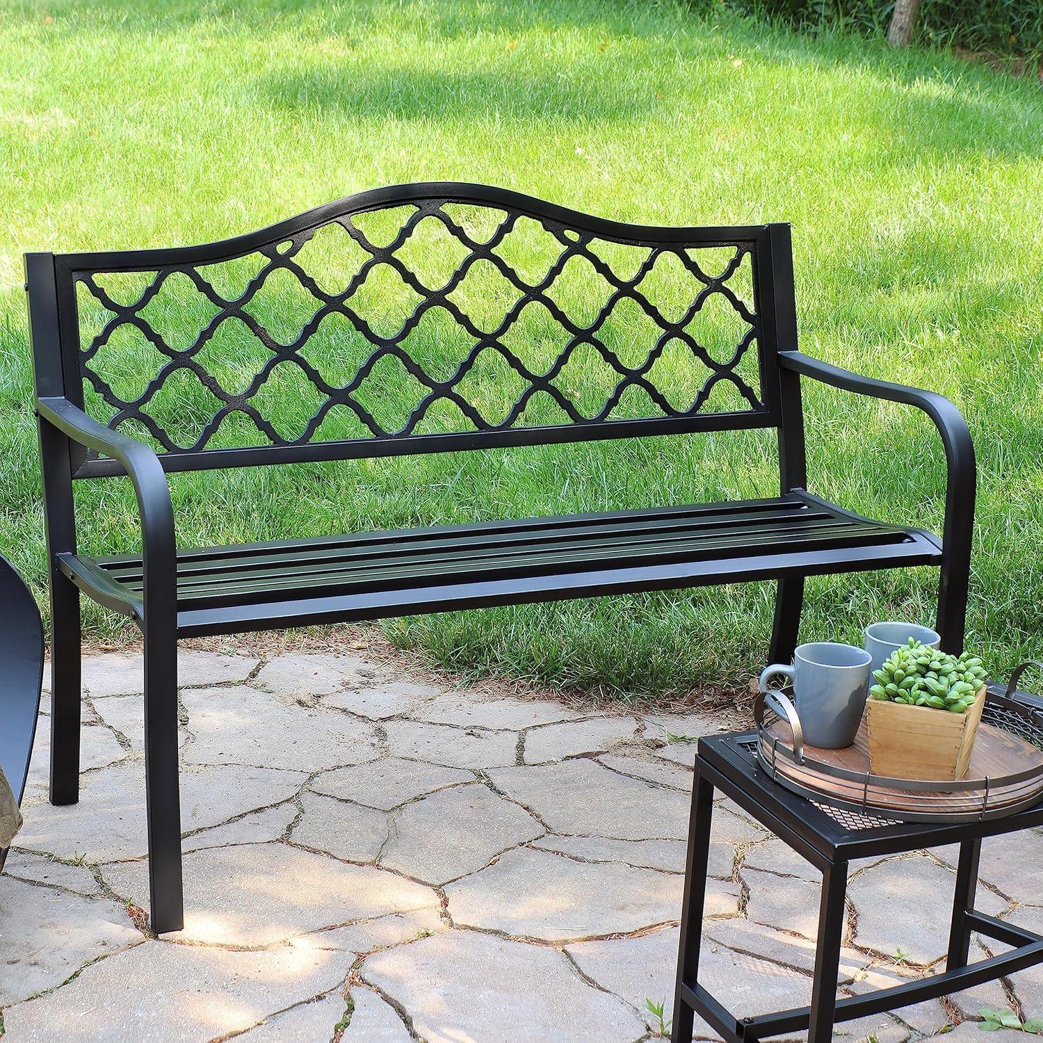 Sunnydaze 2-Person Lattice Design Black Cast Iron Outdoor Garden Bench