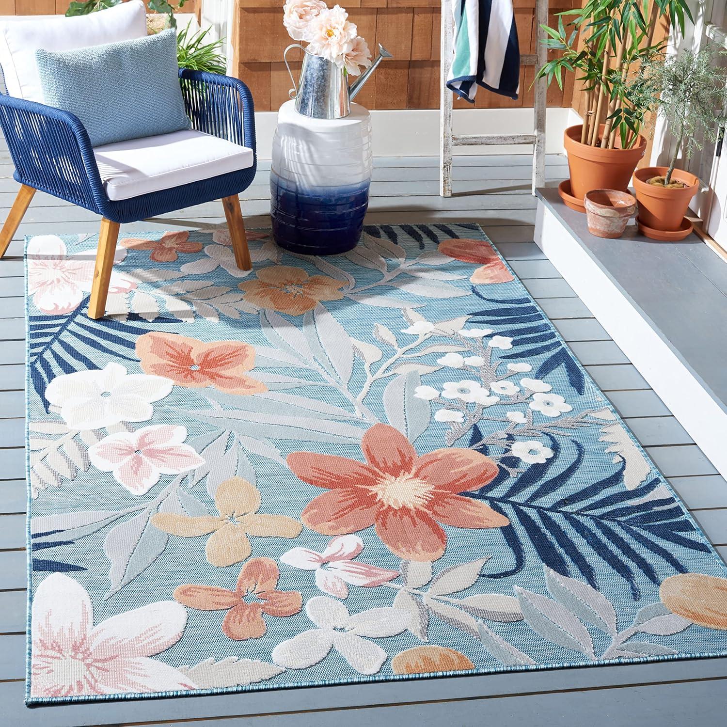 Aqua and Rust Floral Synthetic 9' x 12' Rectangular Area Rug