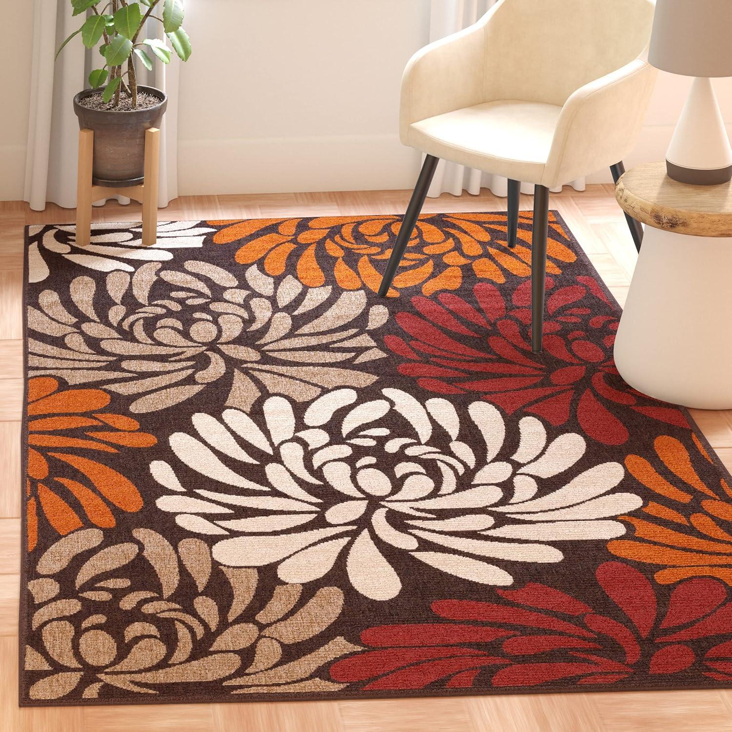 Chocolate and Terracotta Floral Synthetic Indoor/Outdoor Area Rug