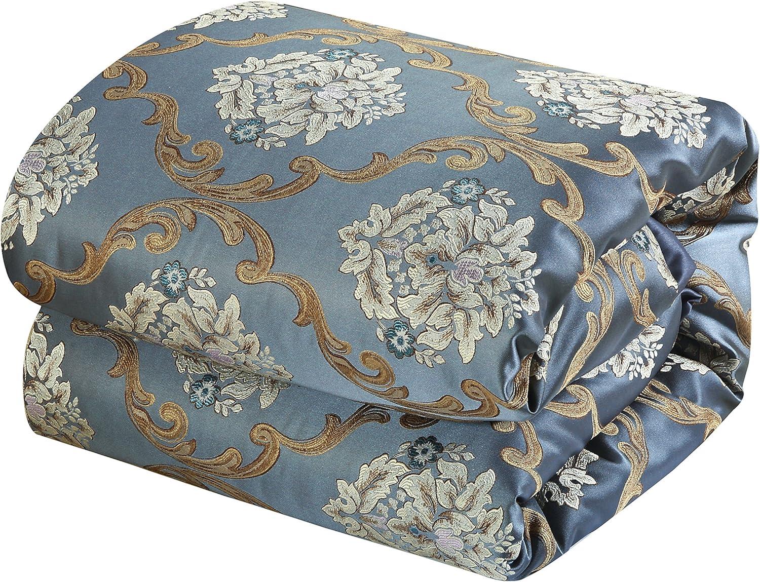 Blue Jacquard Queen Comforter Set with Decorative Pillows