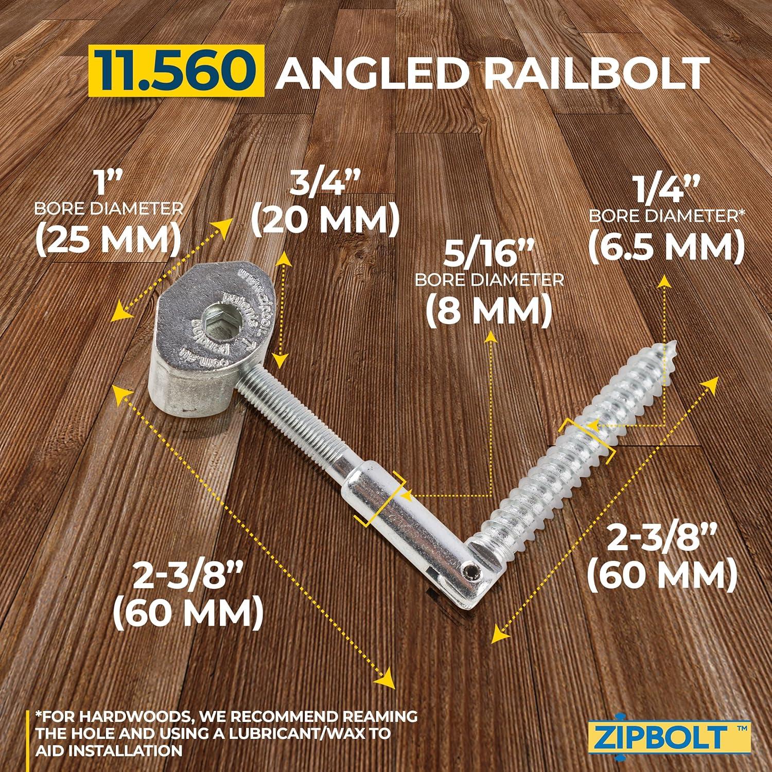 Zipbolt 11.560 Angled Railbolt — Angled Staircase Handrail to Newel Post Connector for Lower Connection, Residential and Commercial Installation, New Construction and Remodels — 1 Double Pack