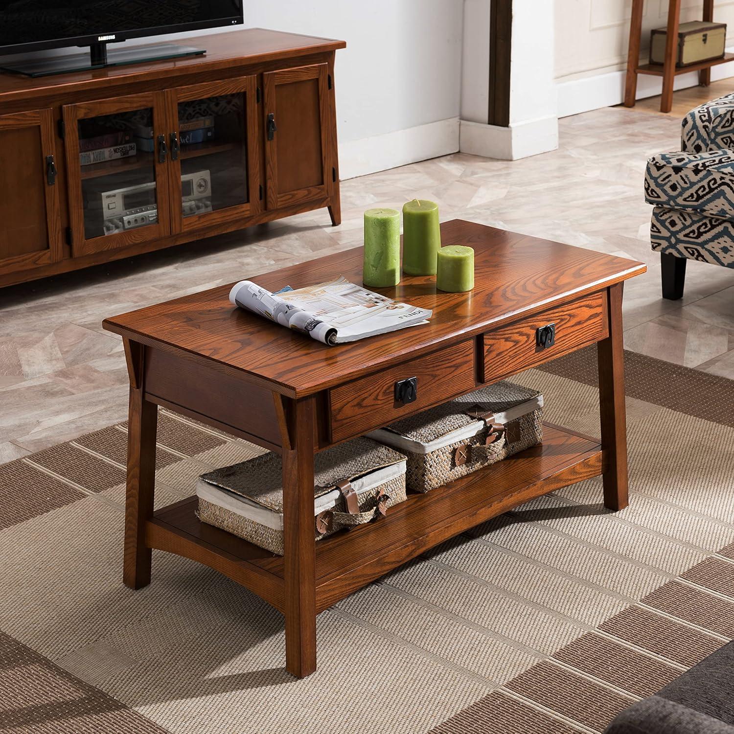 Leick Home 10055-RS Mission Coffee Table for Living Room, Two Drawers and Shelf, Made with Solid Wood, Russet Finish