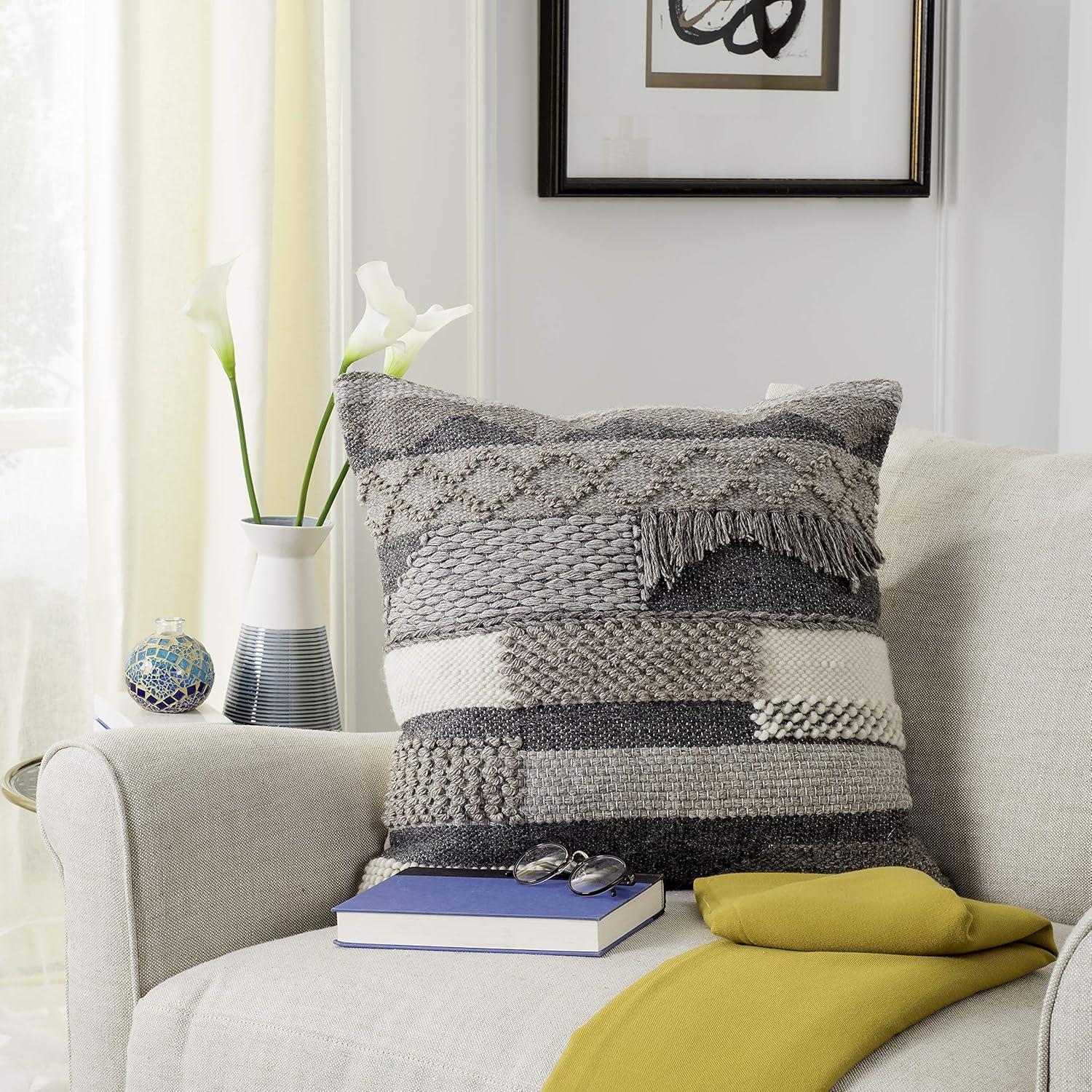 Gareth 20'' Gray and Beige Wool Throw Pillow