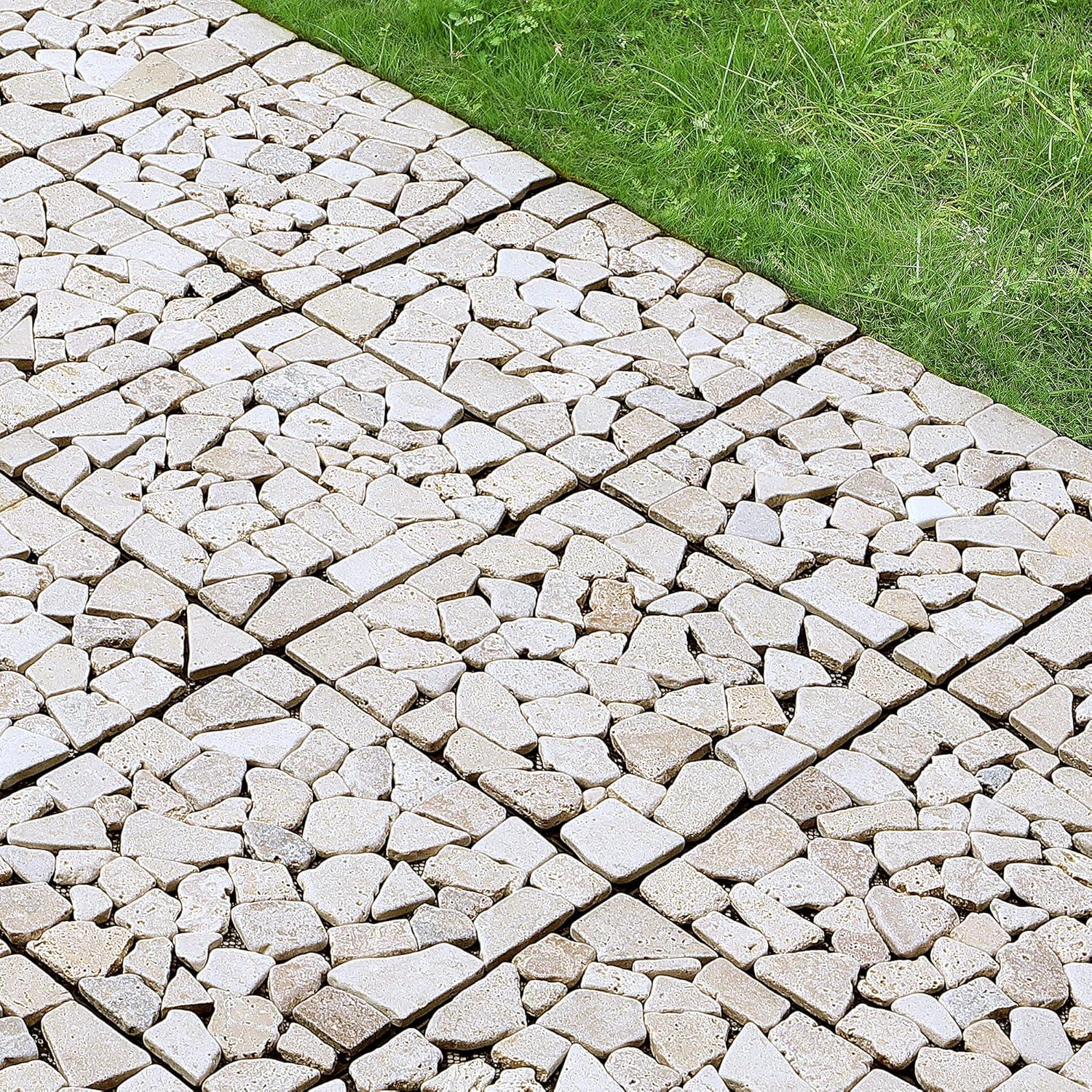 PURE ERA 12" x 12 "4pcs Natural Hole Stones Interlocking Decking Tile Set Indoor Outdoor Floor Patio Pathway Ground Coverings (Pack of 4, Sliced Tan/Light Beige)