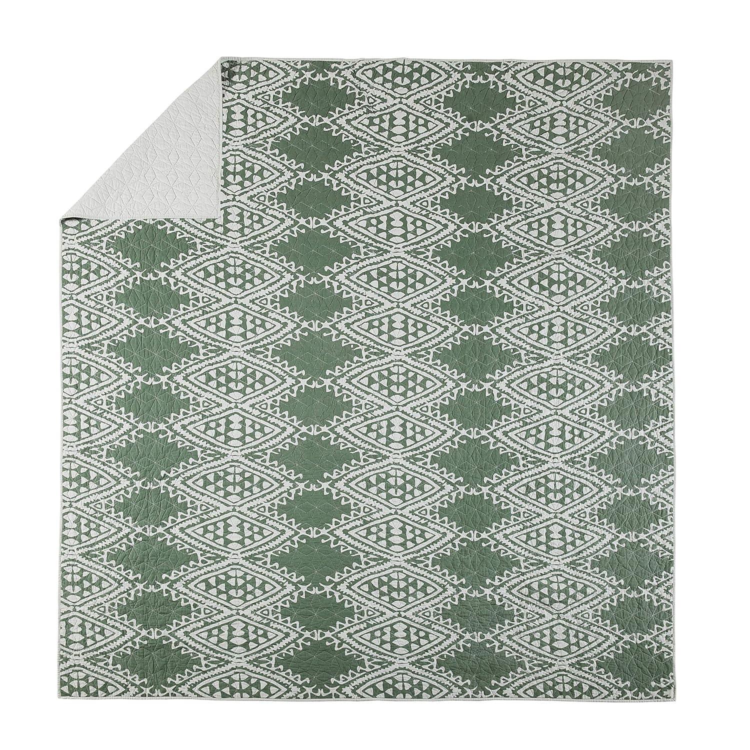 Jungalow Aisha 100% Cotton Reversible Quilt Set – Sage Green Global-Inspired Boho Bedding