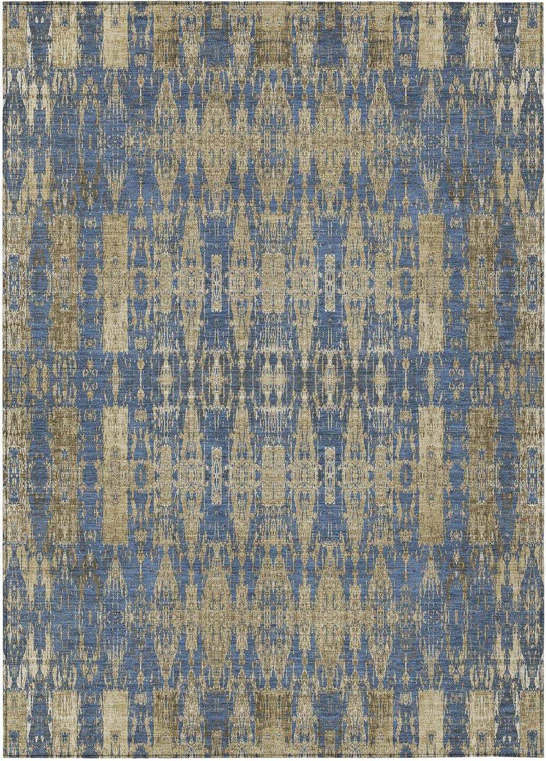 Blue Moroccan Motif Machine-Washable Indoor Outdoor Rug 3' x 5'