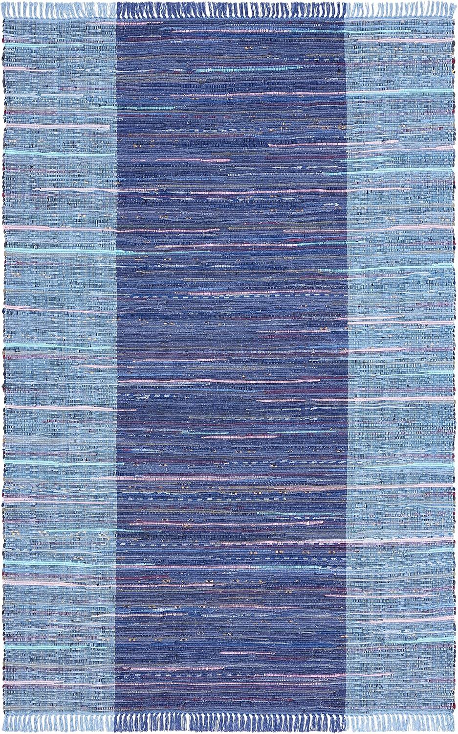 SAFAVIEH Rag Romeo Striped Fringe Cotton Area Rug, Navy/Blue, 2' x 3'