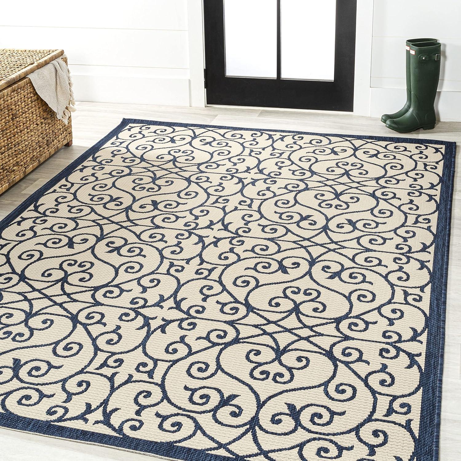 Madrid Navy and Beige Filigree 4' x 6' Synthetic Area Rug