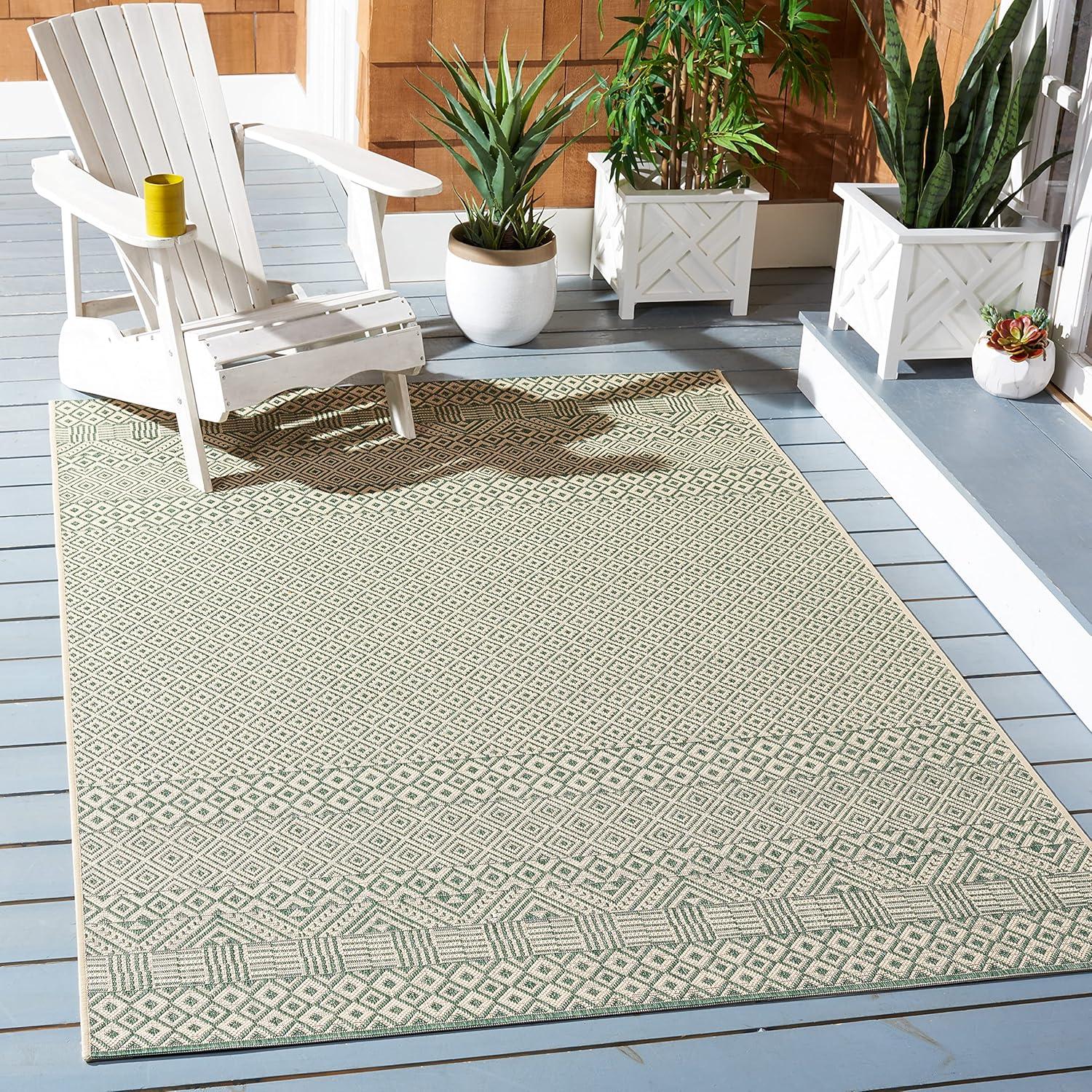 SAFAVIEH Courtyard Naomi Geometric Indoor/Outdoor Area Rug, Dark Green/Beige, 6'7" x 6'7" Square