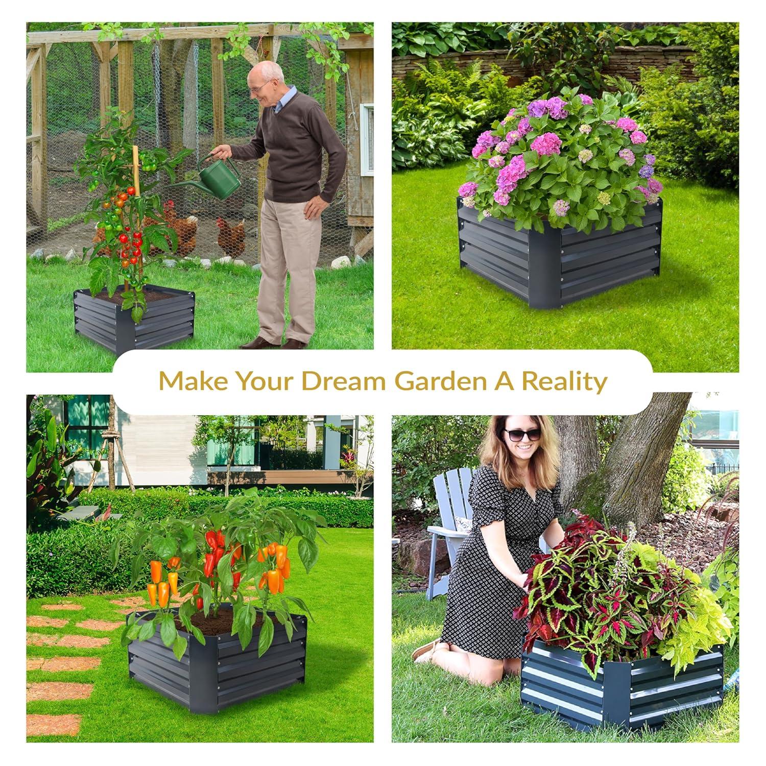 Sunnydaze Corrugated Galvanized Steel Raised Garden Bed for Plants, Vegetables, and Flowers - 24" Square x 11.75" H - Dark Gray