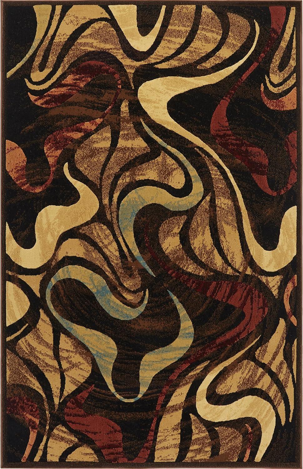 Abstract Swirl Black and Beige Easy-Care Synthetic Area Rug