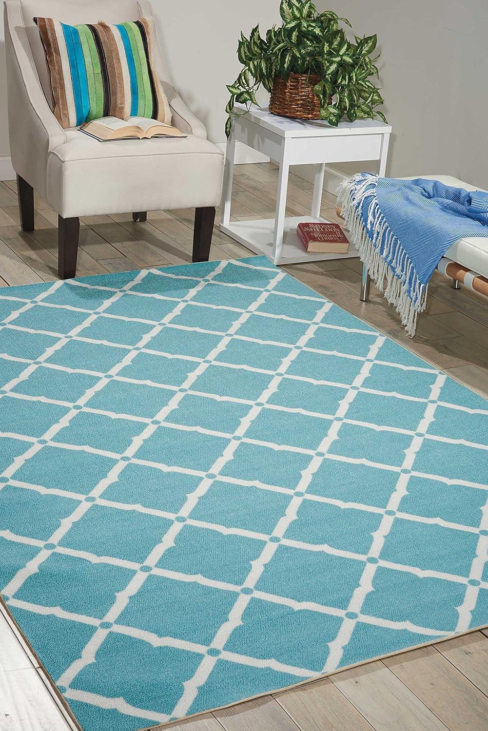 Aqua Floral 93'' Easy-Care Synthetic Indoor/Outdoor Rug