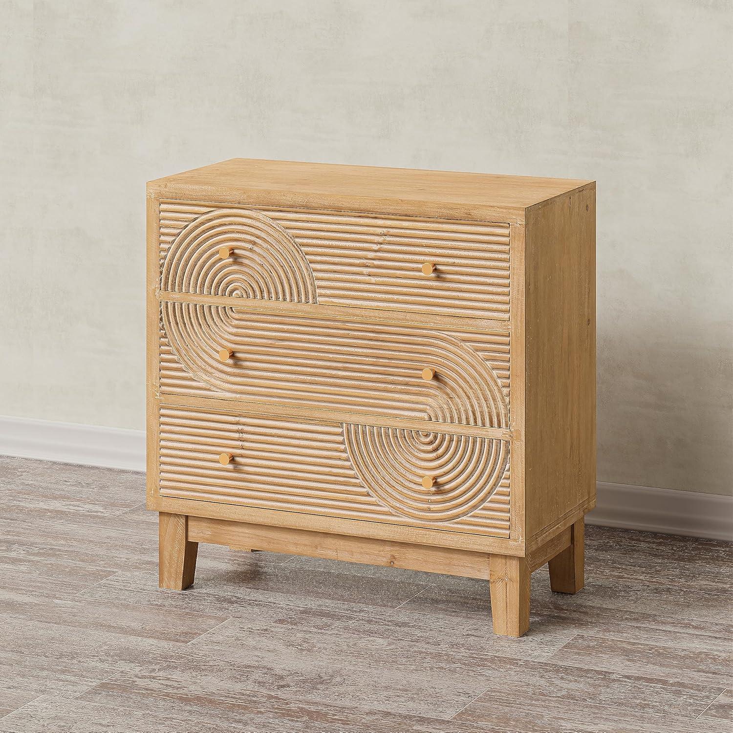 COZAYH 3-Drawer Farmhouse Dresser with Handicraft Wood Ring Motif, Fully Assembled Nightstand Wooden Finish for Boho, Mid-century, Rustic Style, Natural Wood