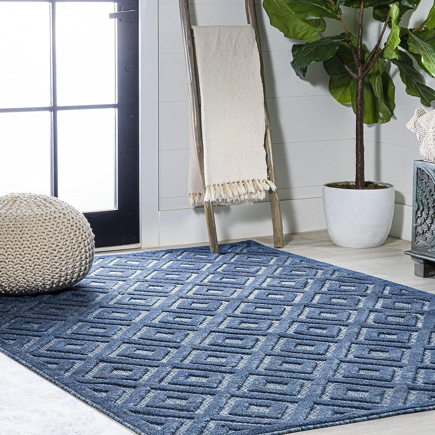 5'x8' Portmany Neutral Diamond Trellis Indoor/Outdoor Area Rug, Navy - JONATHAN Y