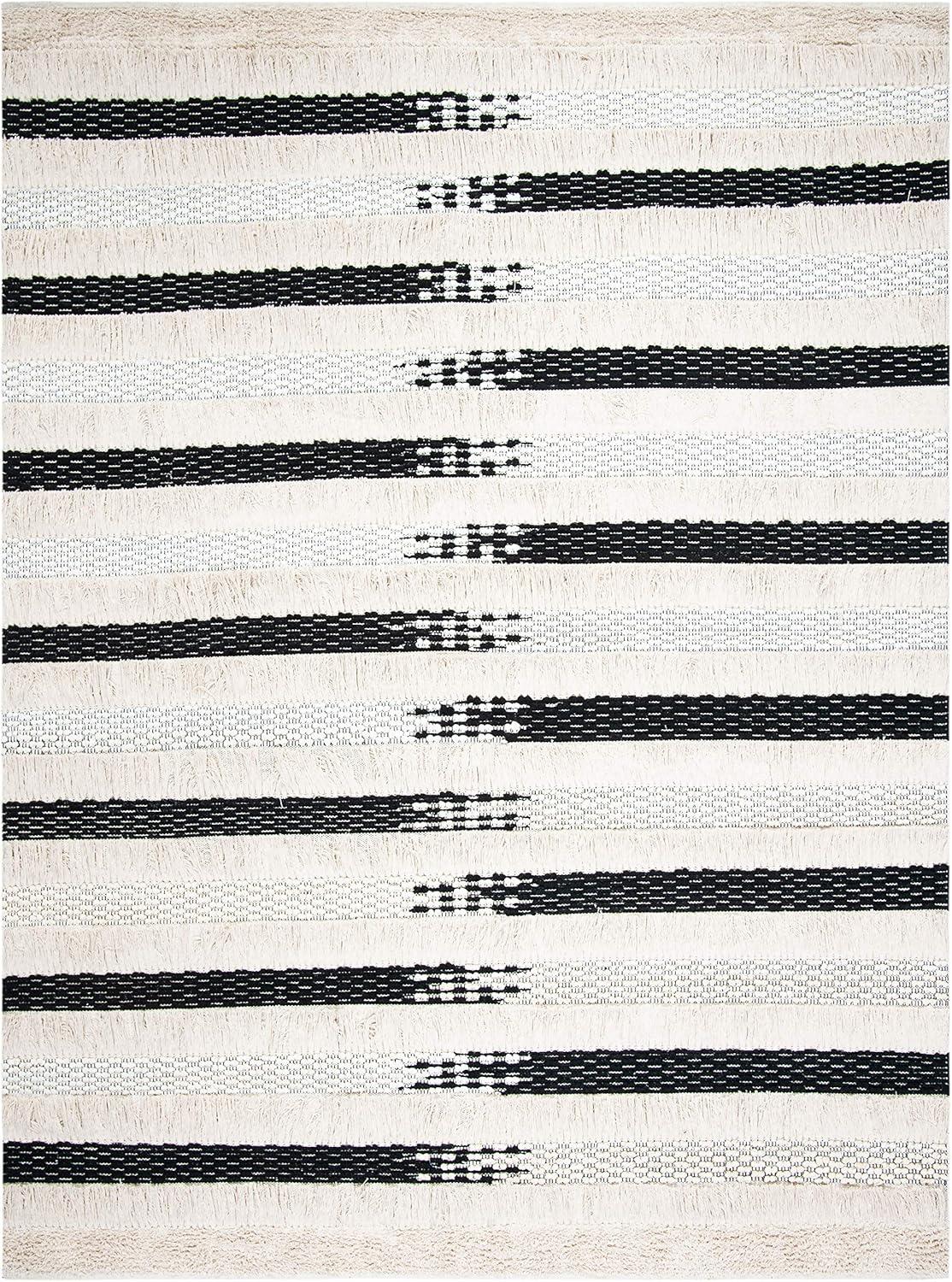 Coastal Chic Black and Ivory Striped 9' x 12' Handwoven Wool-Cotton Rug