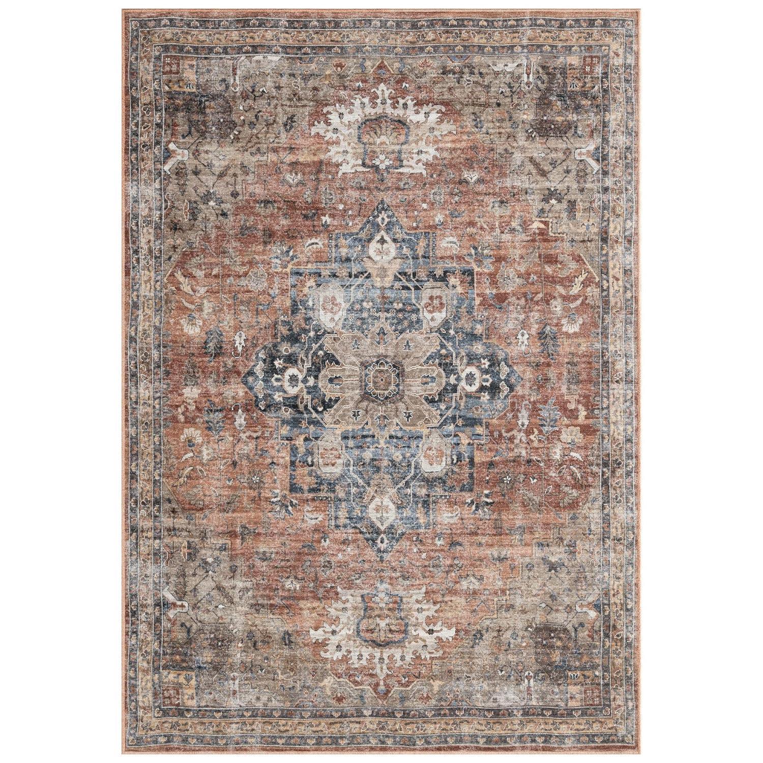 Everwash Callaghan Esther Bohemian Medallion Machine Washable Area Rug, Rust/Navy Blue, 5'2"x7'2"
