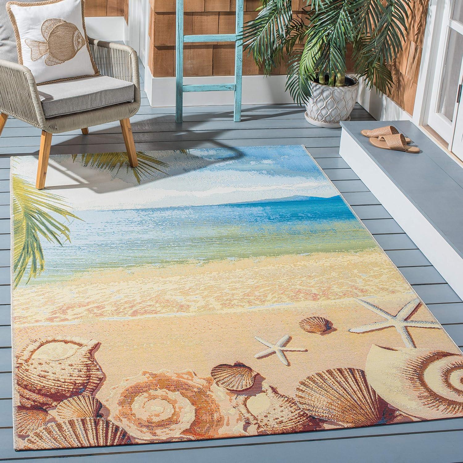 SAFAVIEH Barbados Sea Shells Outdoor Area Rug, 4' x 6', Gold/Blue