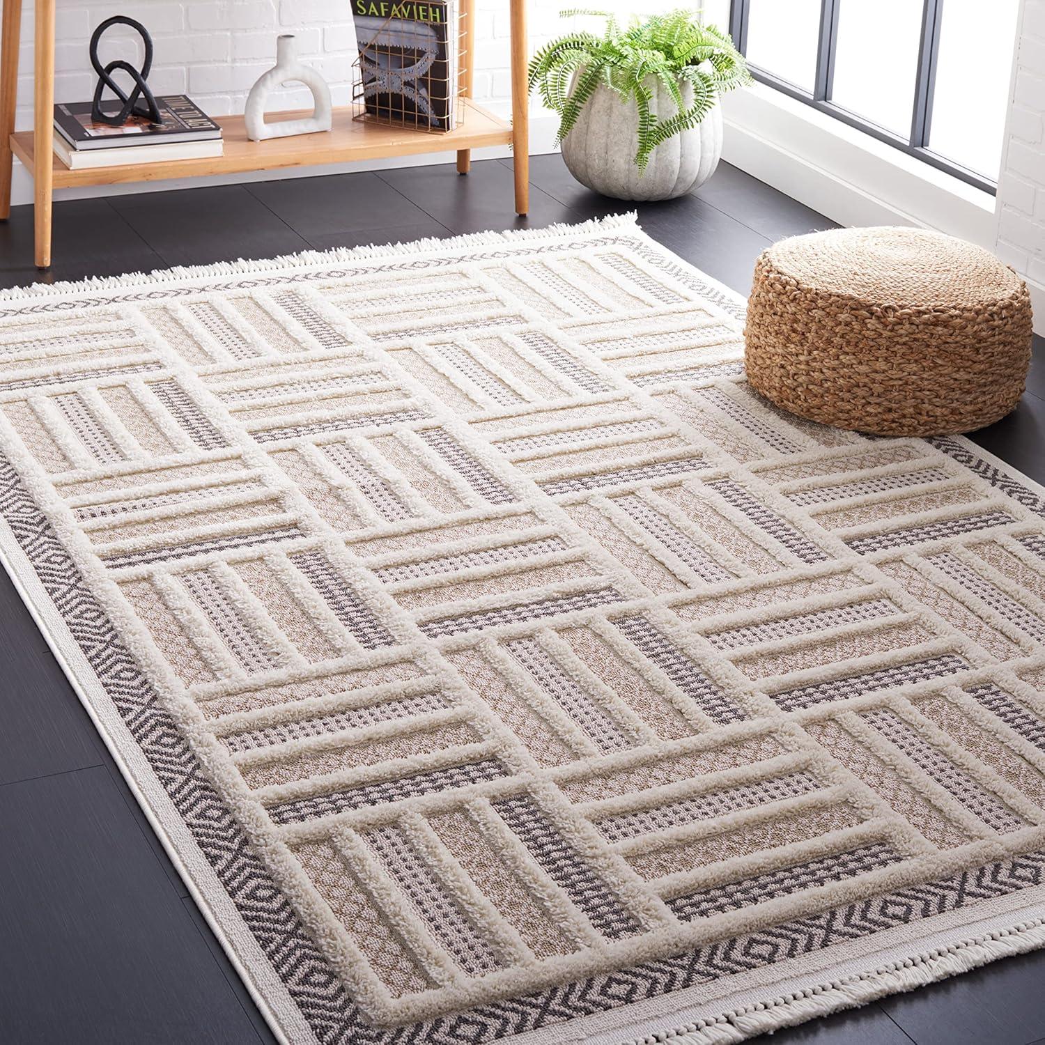 Ivory Geometric Easy-Care Synthetic Rug - Handmade & Washable