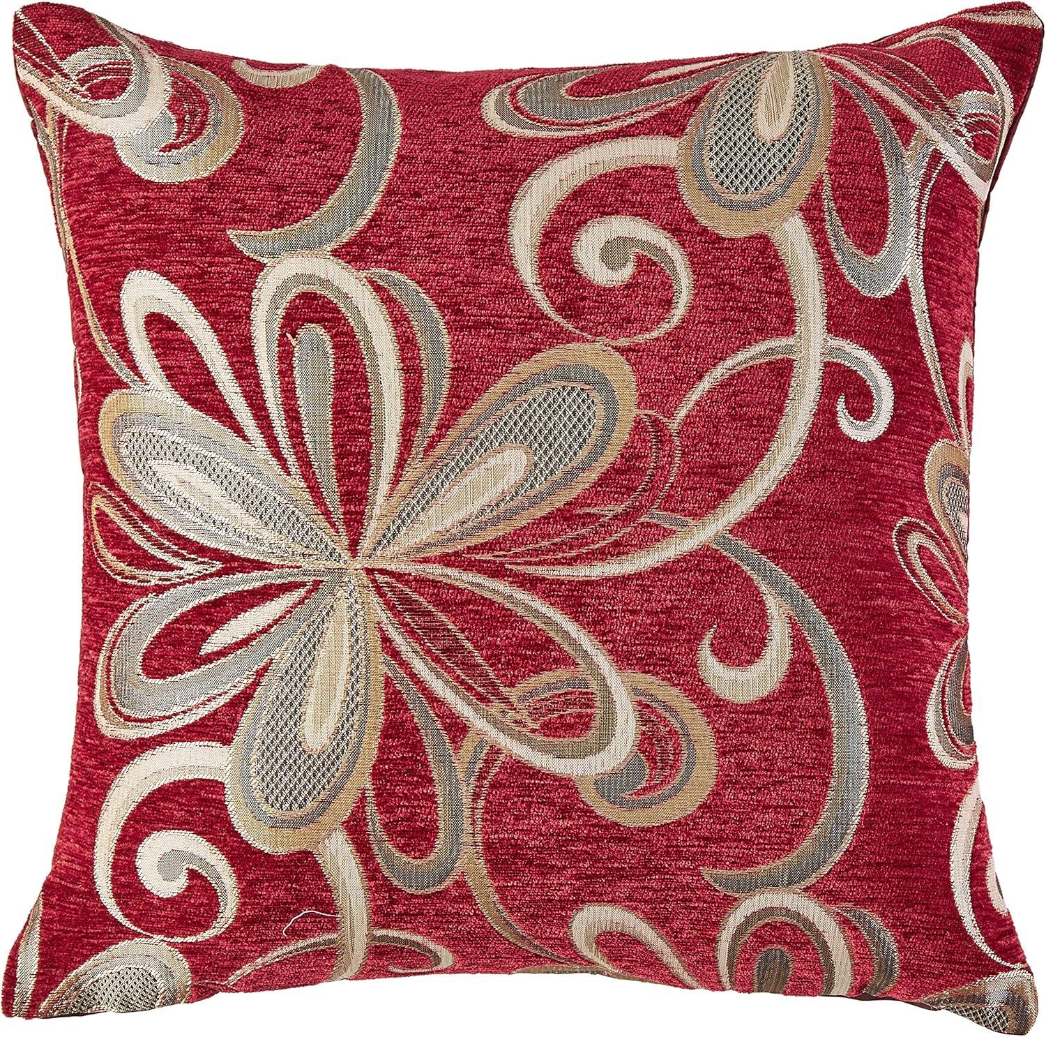 Burgundy Floral Polyester 18" x 18" Decorative Throw Pillow