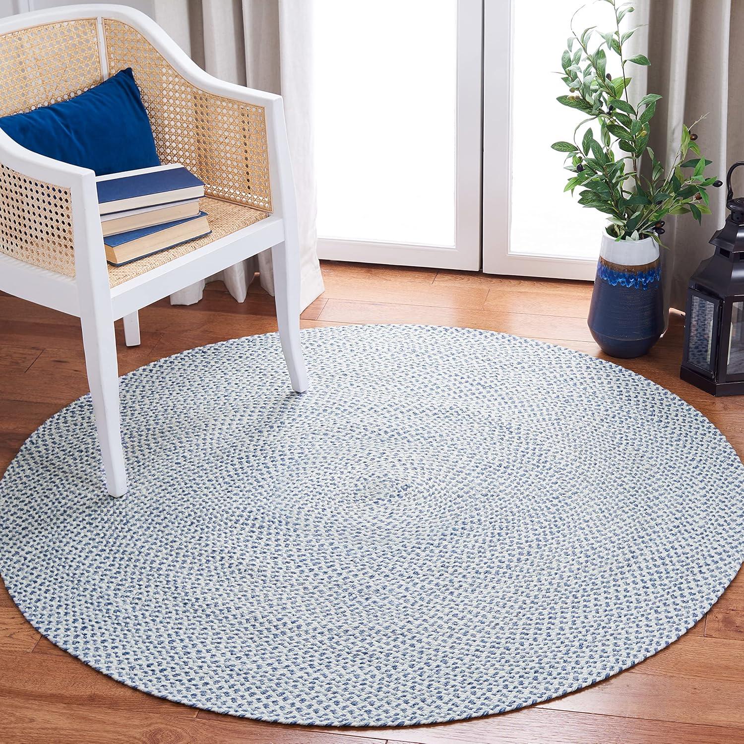 Ivory and Blue 5' Round Braided Synthetic Area Rug