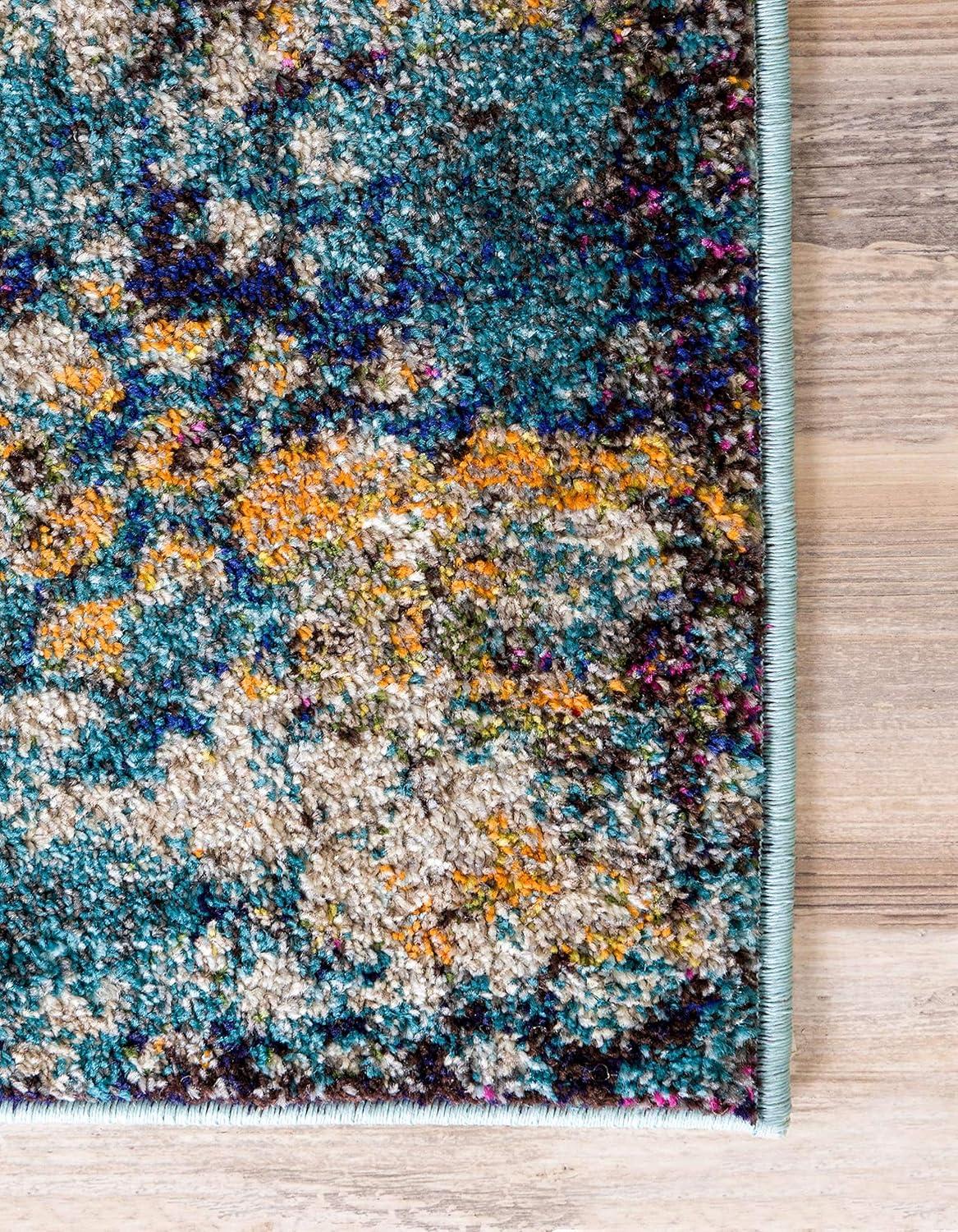 Turquoise and Ivory Abstract Floral Area Rug, 7 x 10 ft