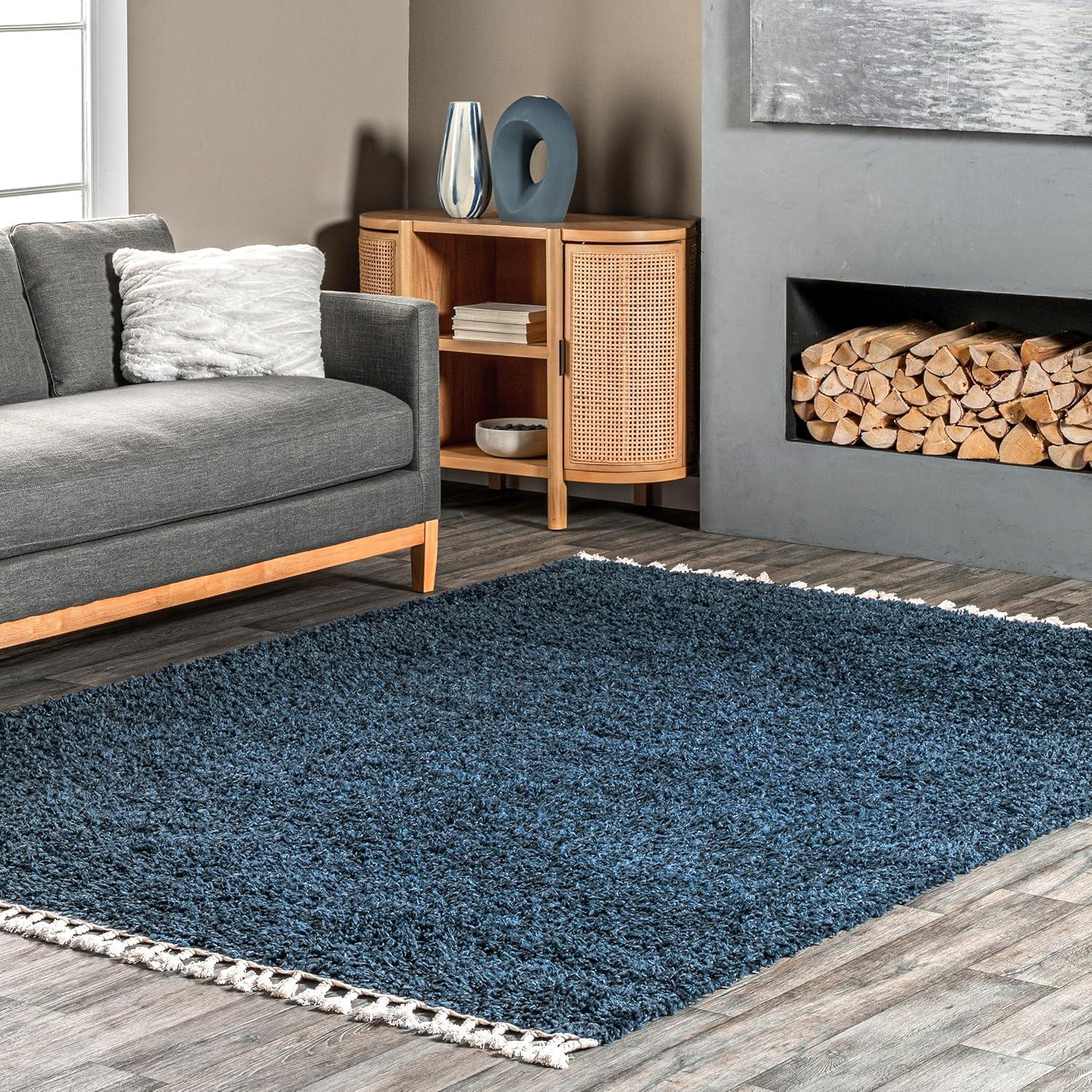 Blue Braided Reversible Shag Area Rug with Tassels