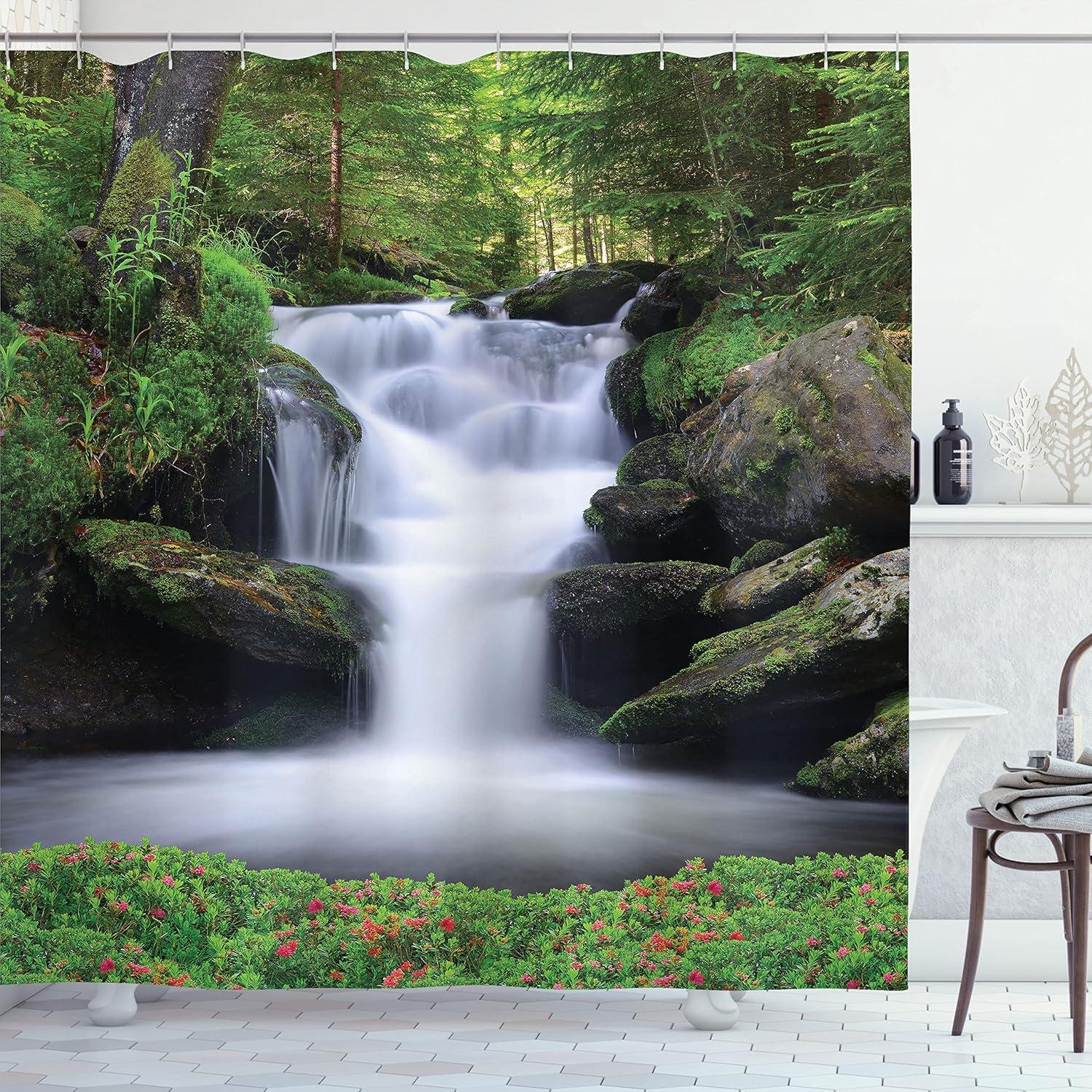 Waterfall Forest Scene Blackout Fabric Shower Curtain with Hooks