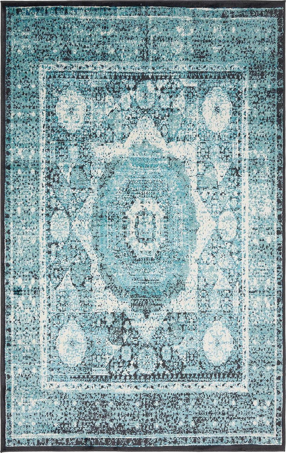 Rectangular Indoor Blue Floral Easy-Care Synthetic Area Rug