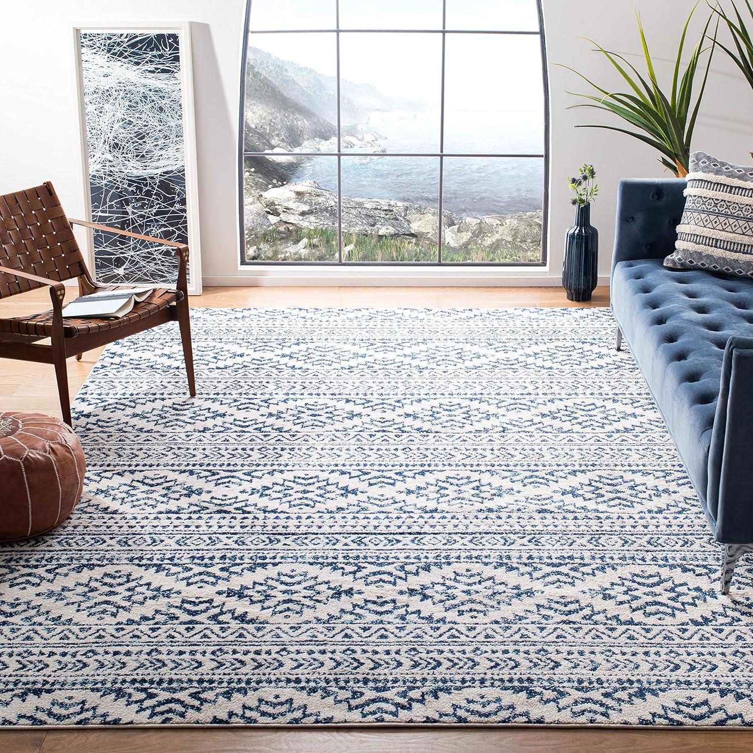 Ivory and Navy 9' Square Synthetic Boho Area Rug