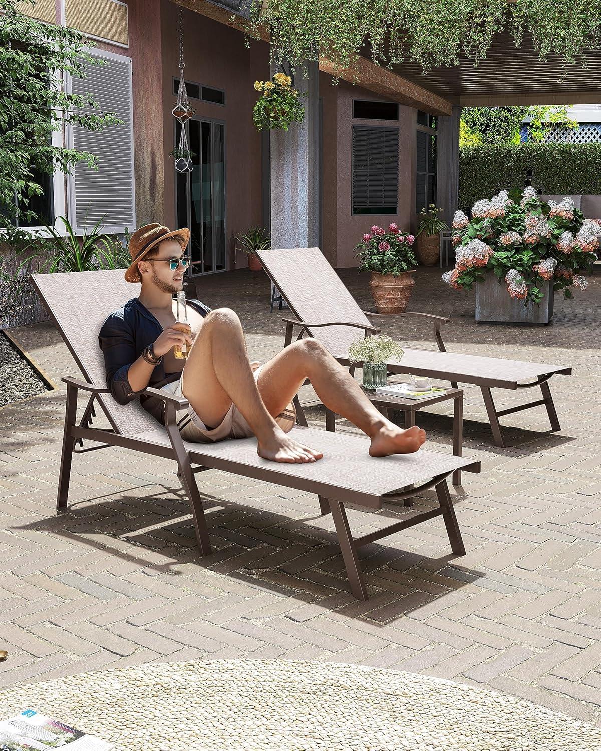 Beige Aluminum Outdoor Chaise Lounge with Armrests, Set of 2