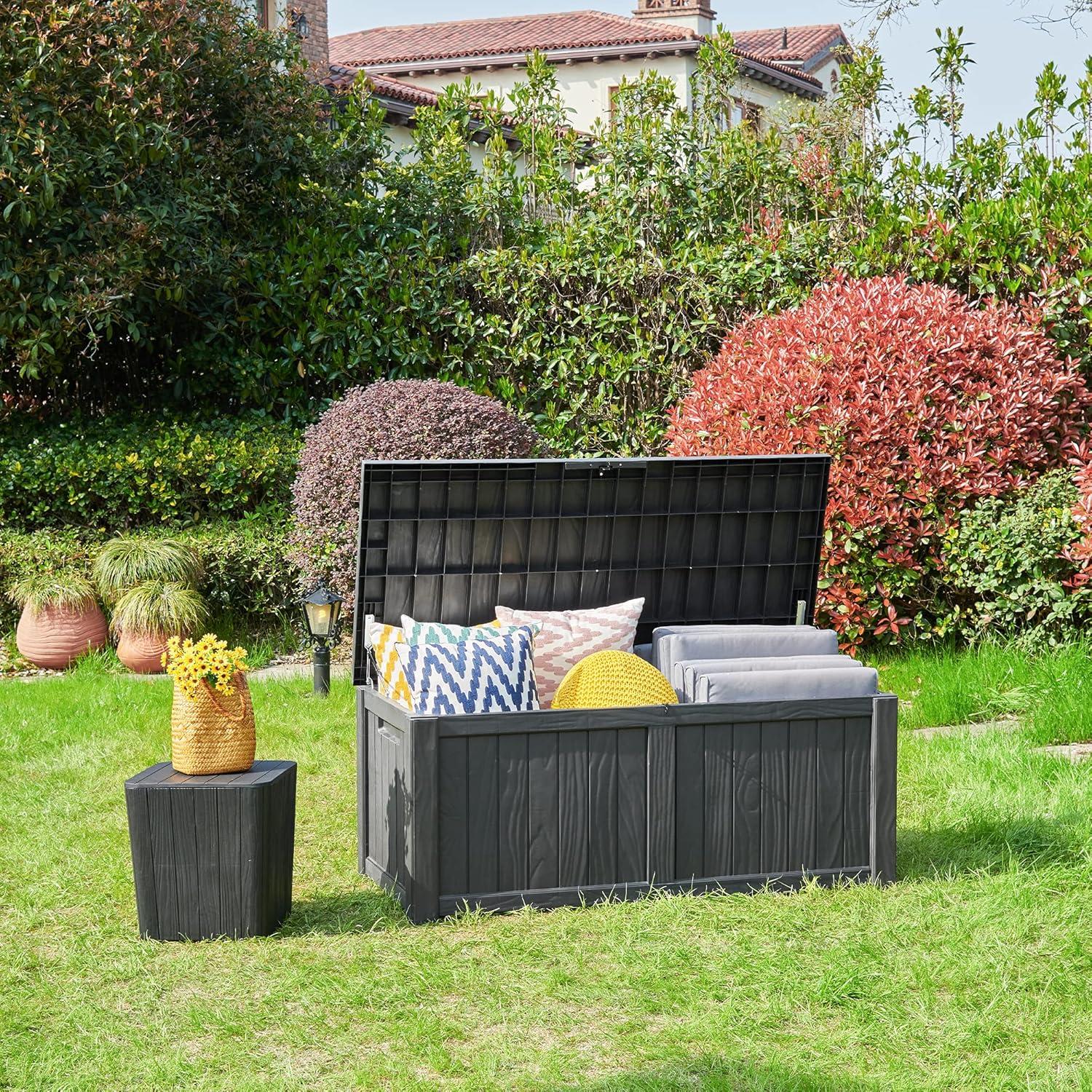 Dextrus Outdoor Storage Deck Box 120 Gallon - Large Resin Patio Storage for Outdoor Pillows, Garden Tools and Pool Supplies - Waterproof and Lockable (Dark Grey)