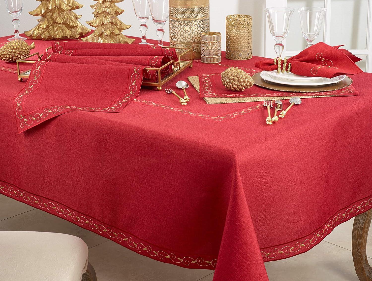 Red Embroidered Holiday Table Runner with Gold Accents, 15" x 69"