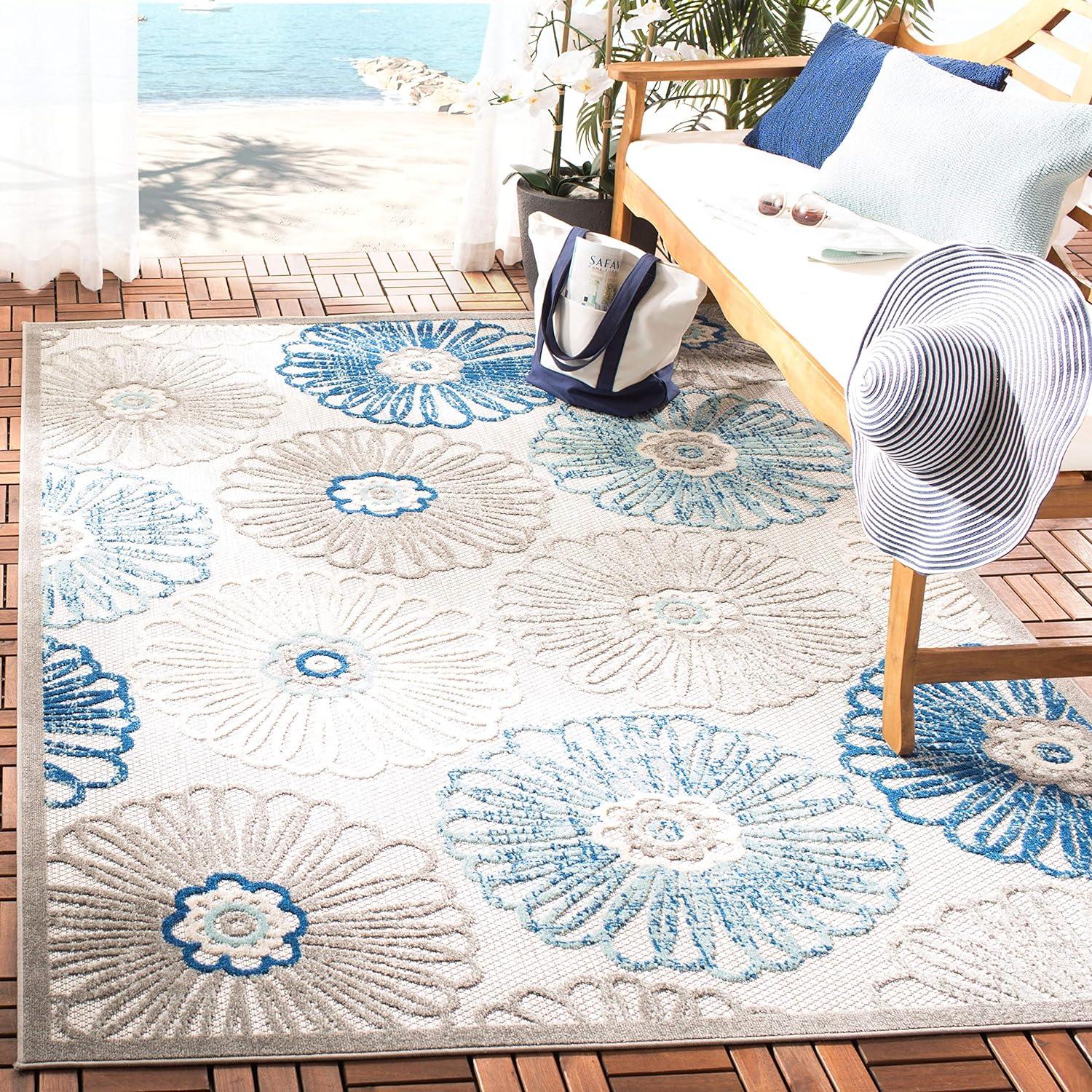 Blue Floral Synthetic Rectangular 4' x 6' Non-slip Area Rug