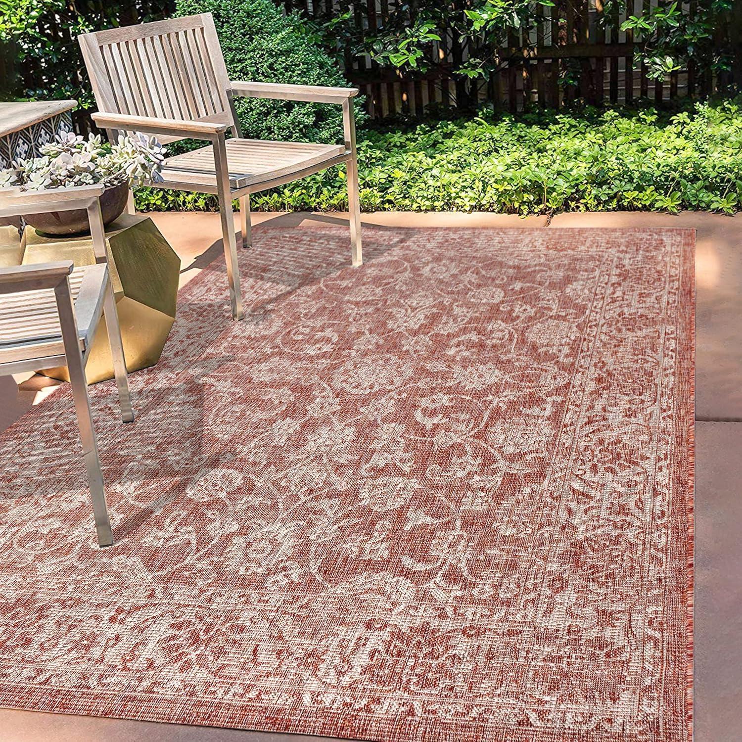 8'x10' Tela Bohemian Textured Weave Floral Indoor/Outdoor Area Rug, Red/Taupe - JONATHAN Y