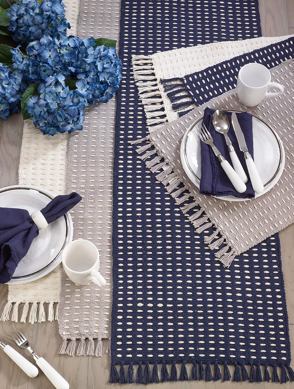 Natural Cotton Dashed Woven Table Runner with Tassels