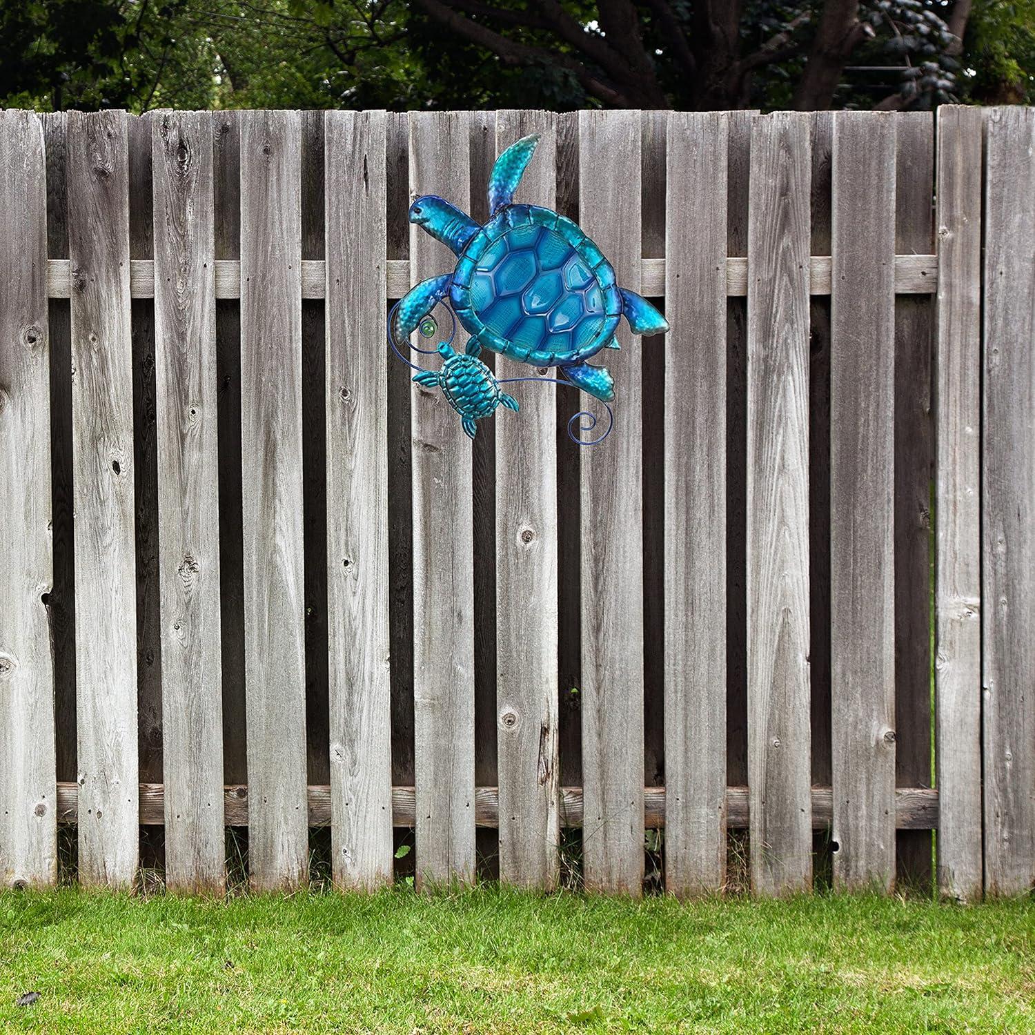 JOYBee Metal Sea Turtle Wall Art Decor Outdoor Indoor Nautical Hanging Art Blue Green Stained Glass Decorative Sculpture for Garden Pool Patio Balcony Kitchen or Bathroom(12.5 * 11inch)