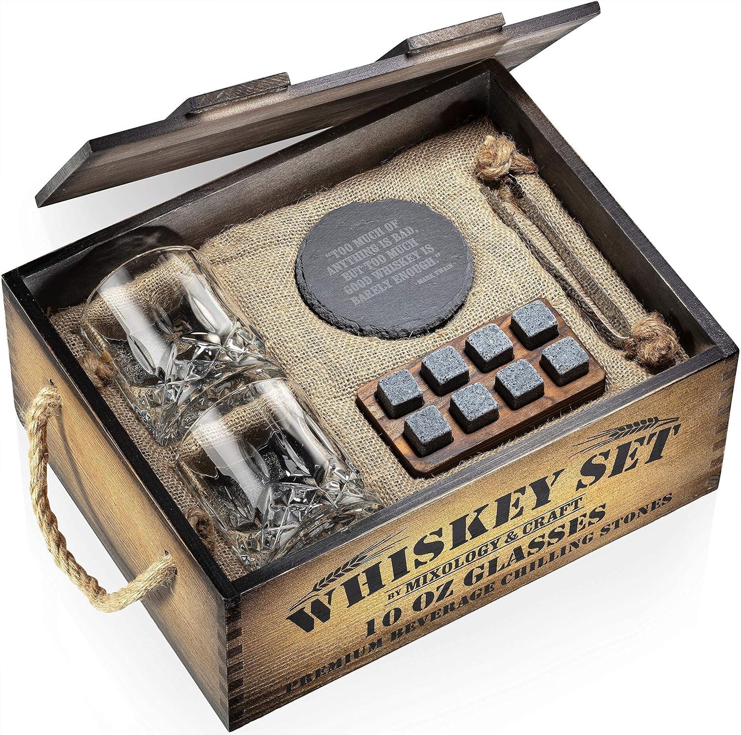 Rustic Wooden Whiskey Gift Set with Granite Stones and Crystal Glasses