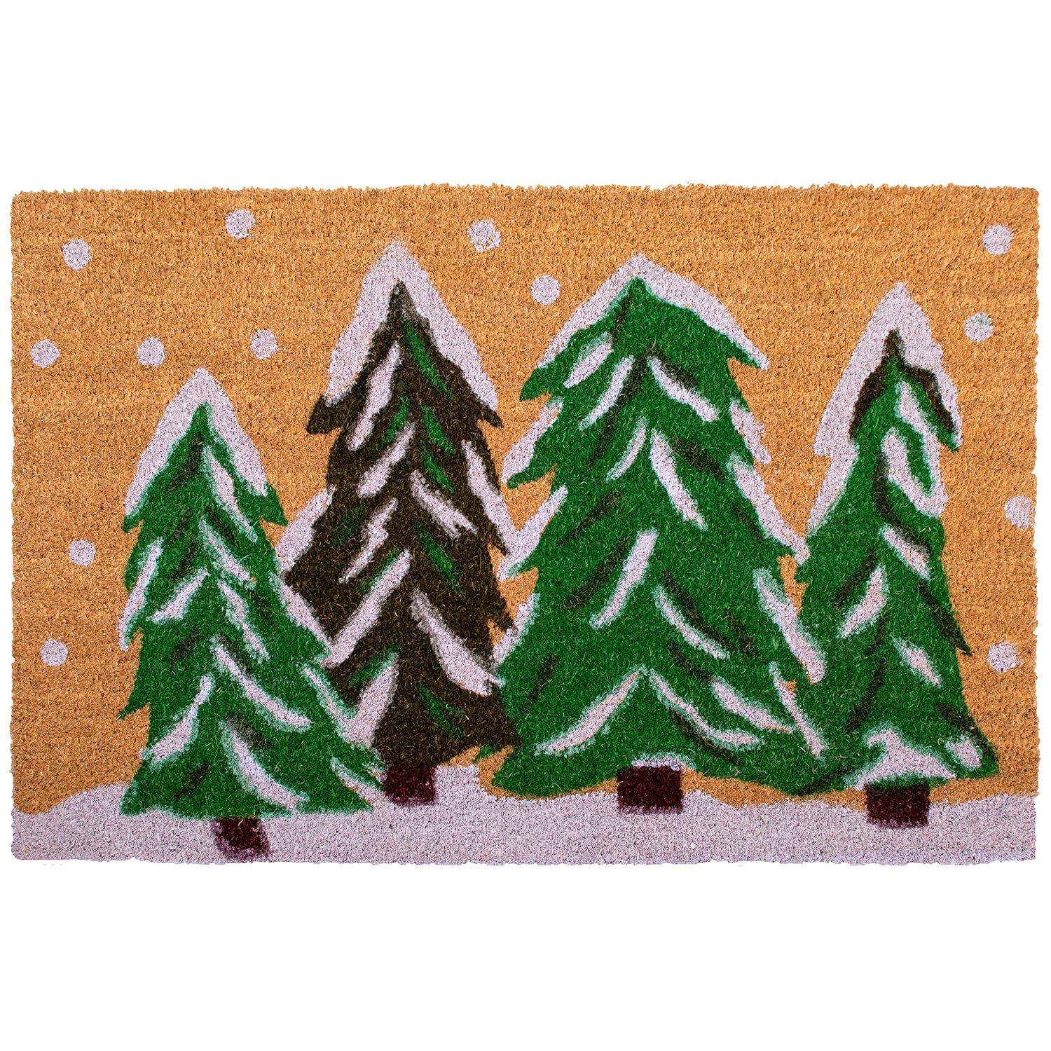 HomeRoots 17" X 29" Natural and Green Coir Christmas Trees Outdoor Christmas Door Mat